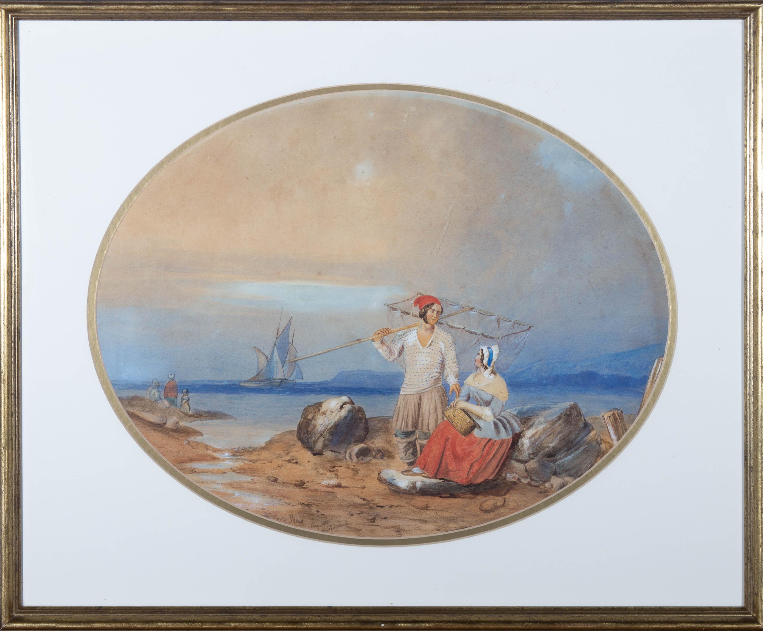 A fine early 19th Century coastal scene in watercolour showing a shrimp catcher, with his large net over his shoulder, bidding farewell to his wife as she sits on the rocky shore. The artist has inscribed the location of Addiscombe at the lower