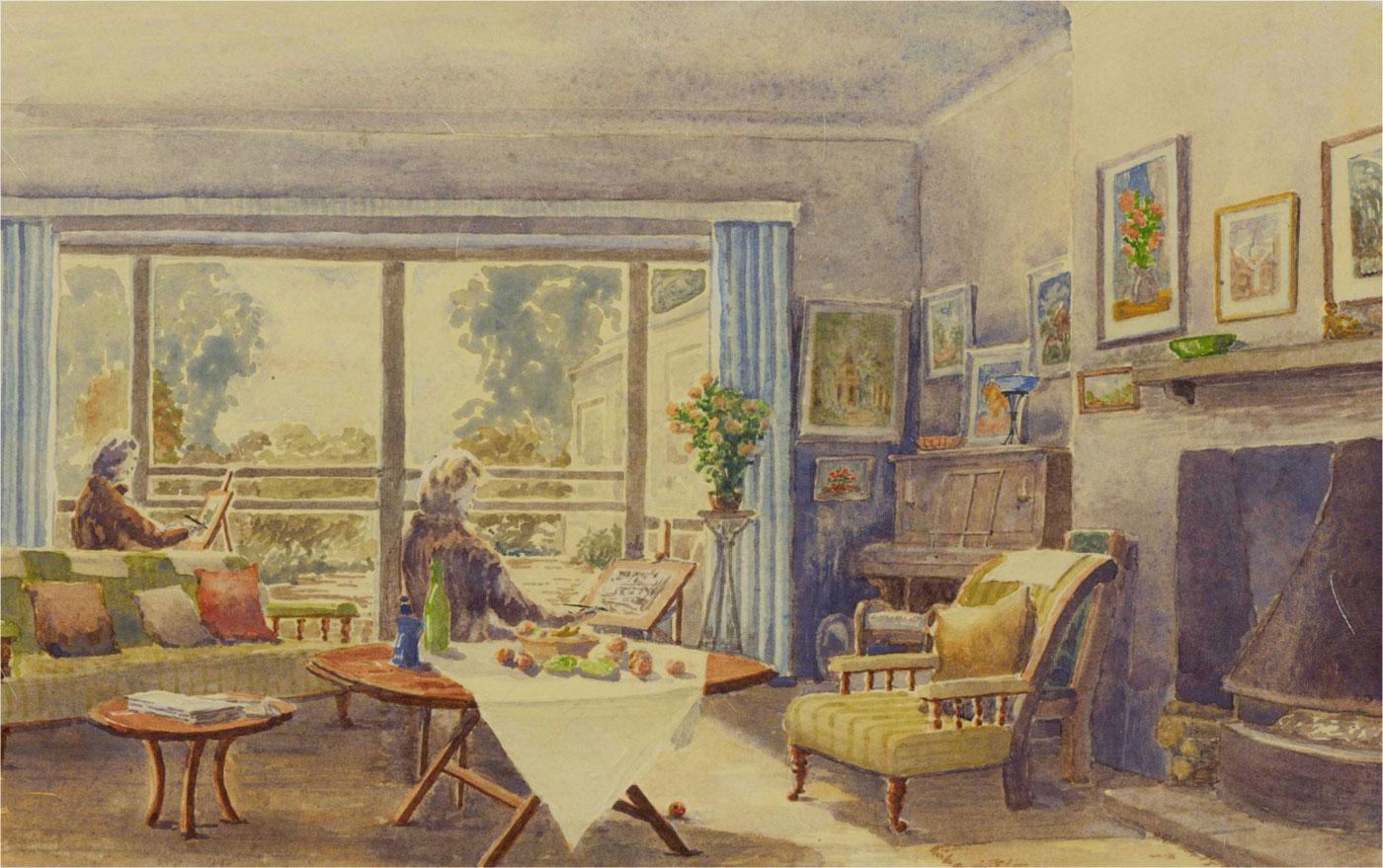 A wonderfully intimate interior scene showing a stylish living room interior with art on the walls and two women, both seated at easels, painting, by the glass doors to the garden. The artist has signed and dated to the lower right and the painting