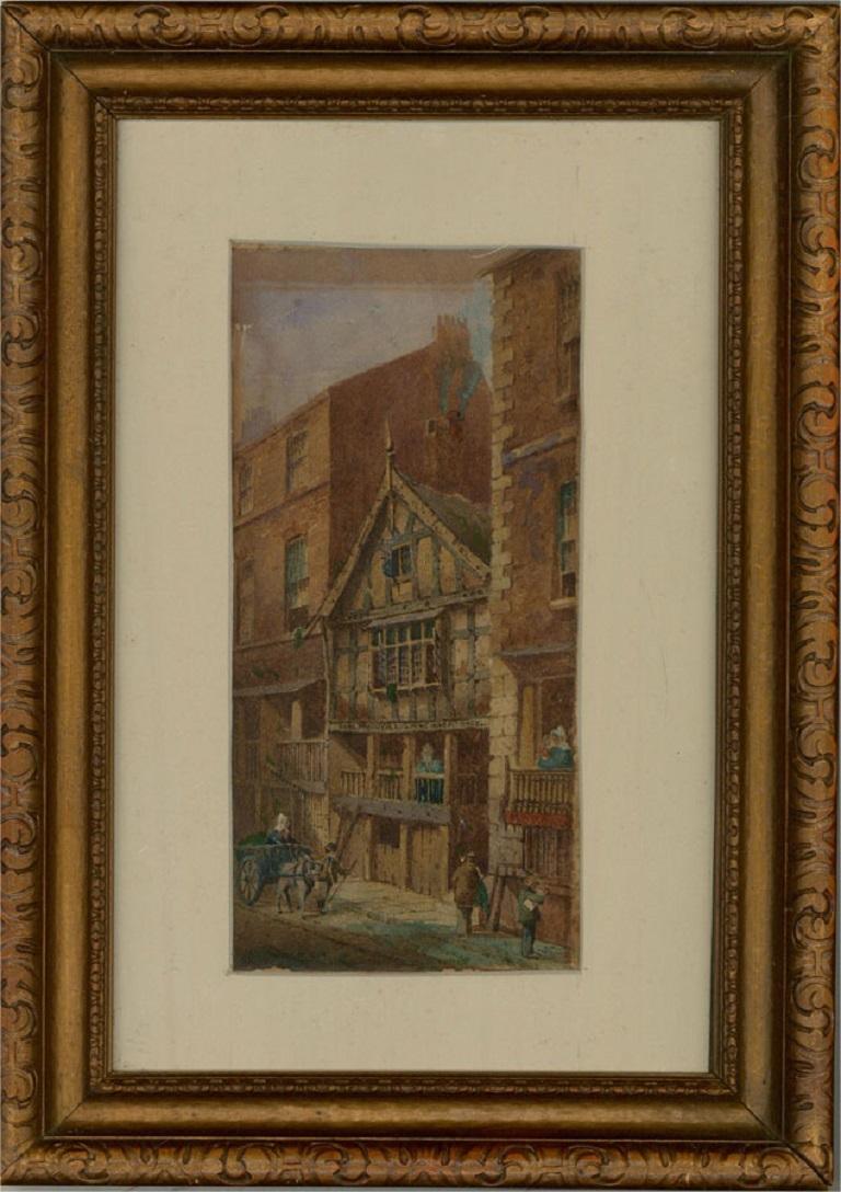 Eine reizvolle Studie über das Haus der Vorsehung Gottes in Chester. Mit feinen Pinselstrichen hat der Künstler die charmanten Details des Gebäudes eingefangen. Die Zahlen werden auf der belebten Straße angezeigt. Signiert unten links. Präsentiert