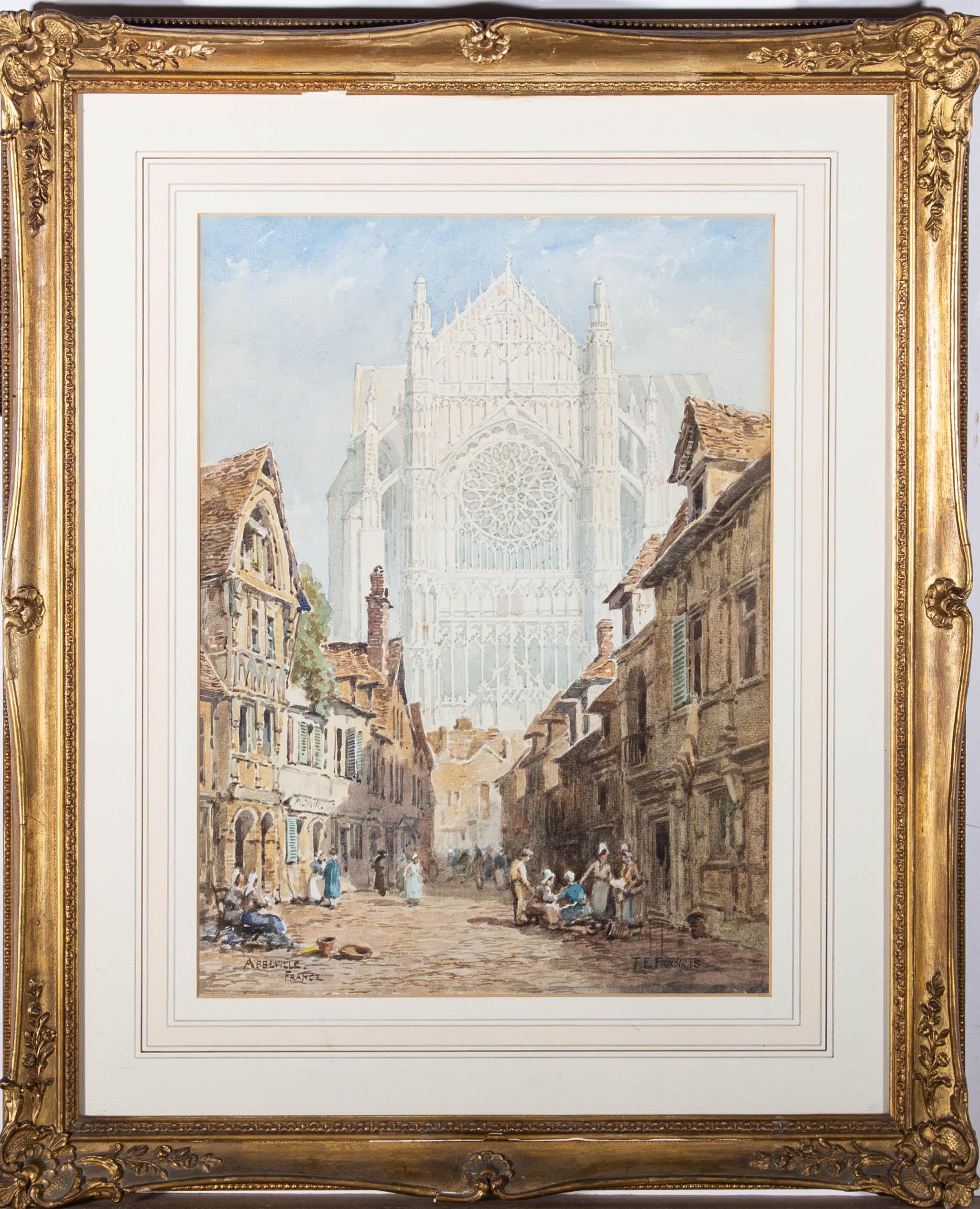 A fine street scene with the Cathedral of Saint Peter of Beauvais in the background. Presented in a wash line mount and an ornate gilt-effect wooden frame with floral and foliate moulding at the corners. Incorrectly inscribed with the location