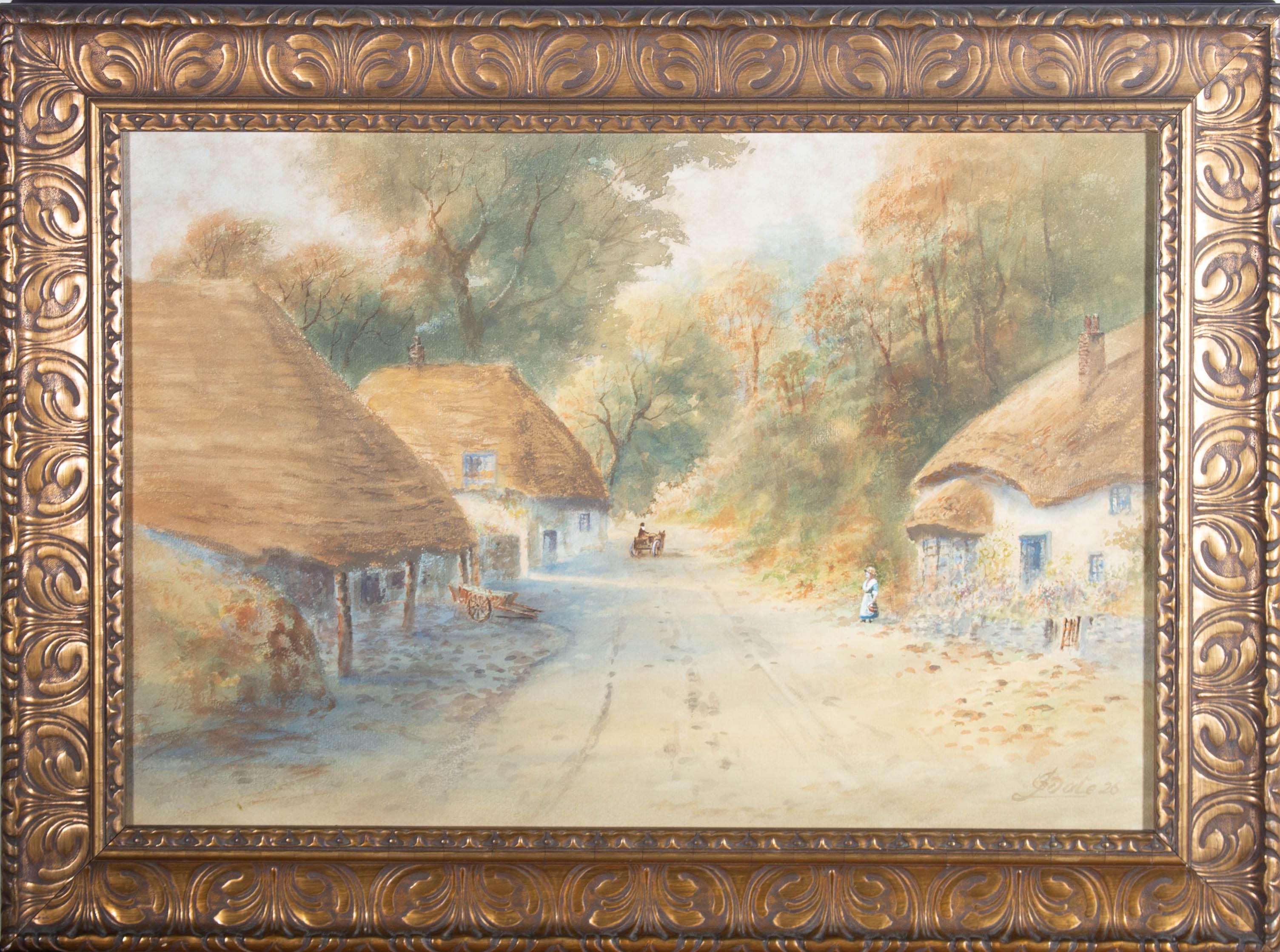 Une vue le long d'une rue de village bordée de chaumières. Présenté dans un cadre en bois orné d'un effet doré. Signé et daté dans le coin inférieur droit. Sur papier aquarelle.
