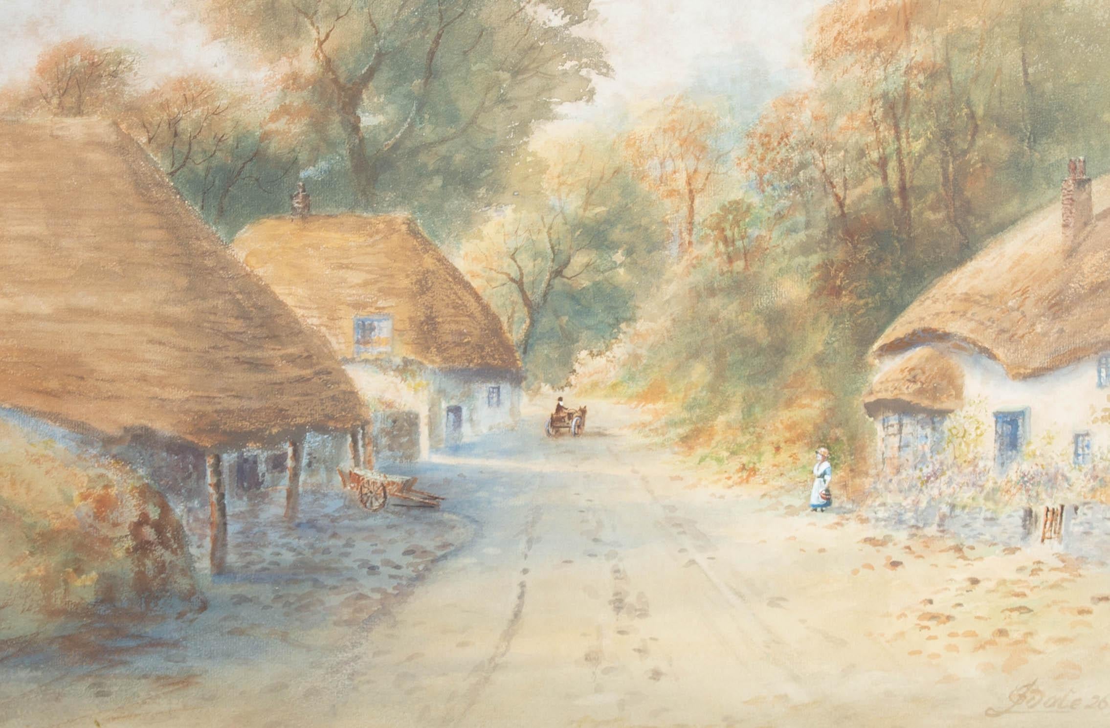 A view along a village street lined with thatched cottages. Presented in an ornate gilt-effect wooden frame. Signed and dated to the lower-right corner. On watercolour paper.
