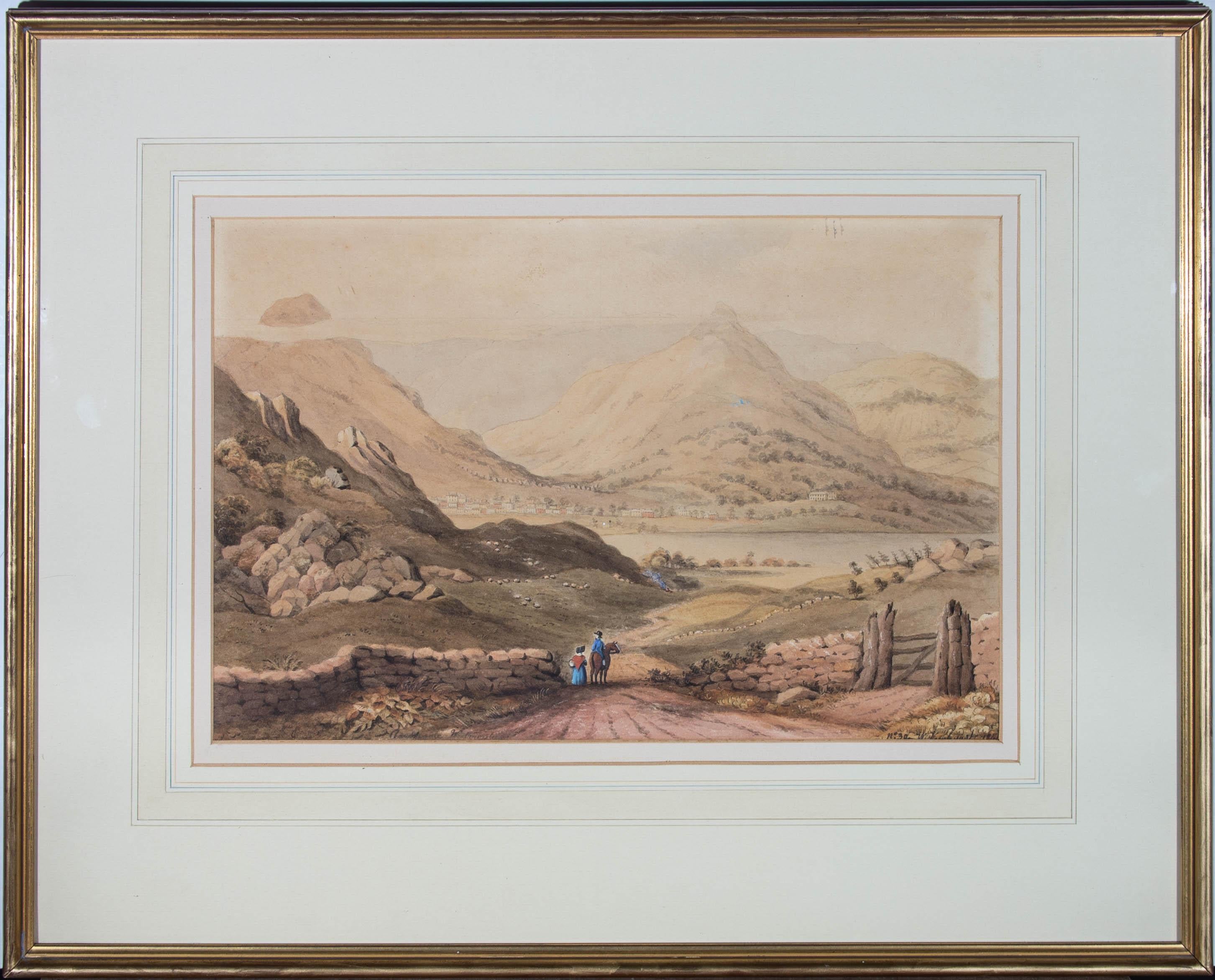 This charming watercolour scene depicts a figure riding a horse with a lady by his side down to a large lake. In the distance a small town can be scene before mountains. Signed and dated to the lower left. On wove.
