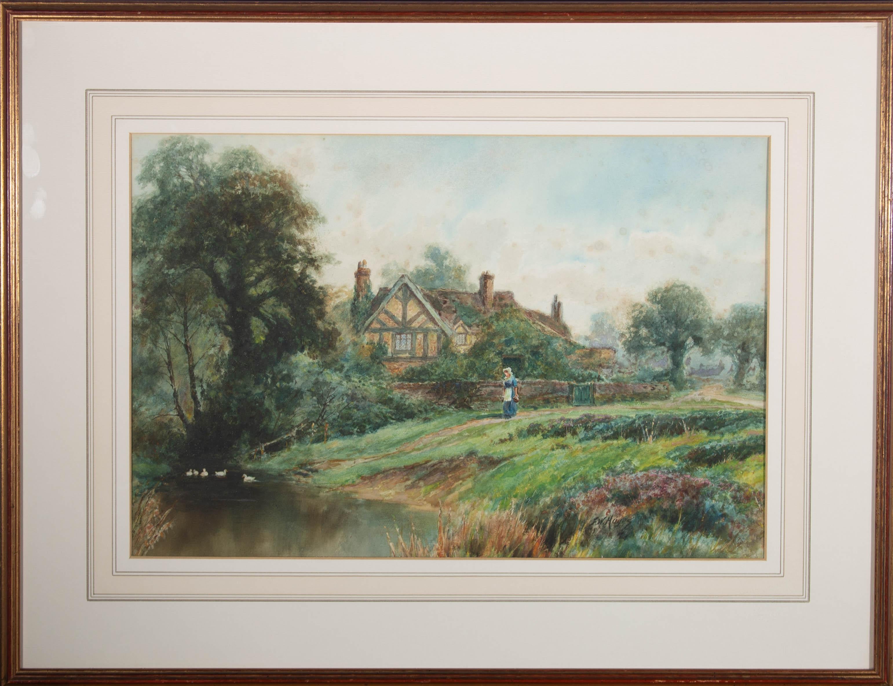 This delightful country scene depicts a woman walking down to a river where ducks paddle in the calm water. In the distance a cottage sits amongst the greenery of a country garden. Painted in fine detail, the artist has captured the tranquil
