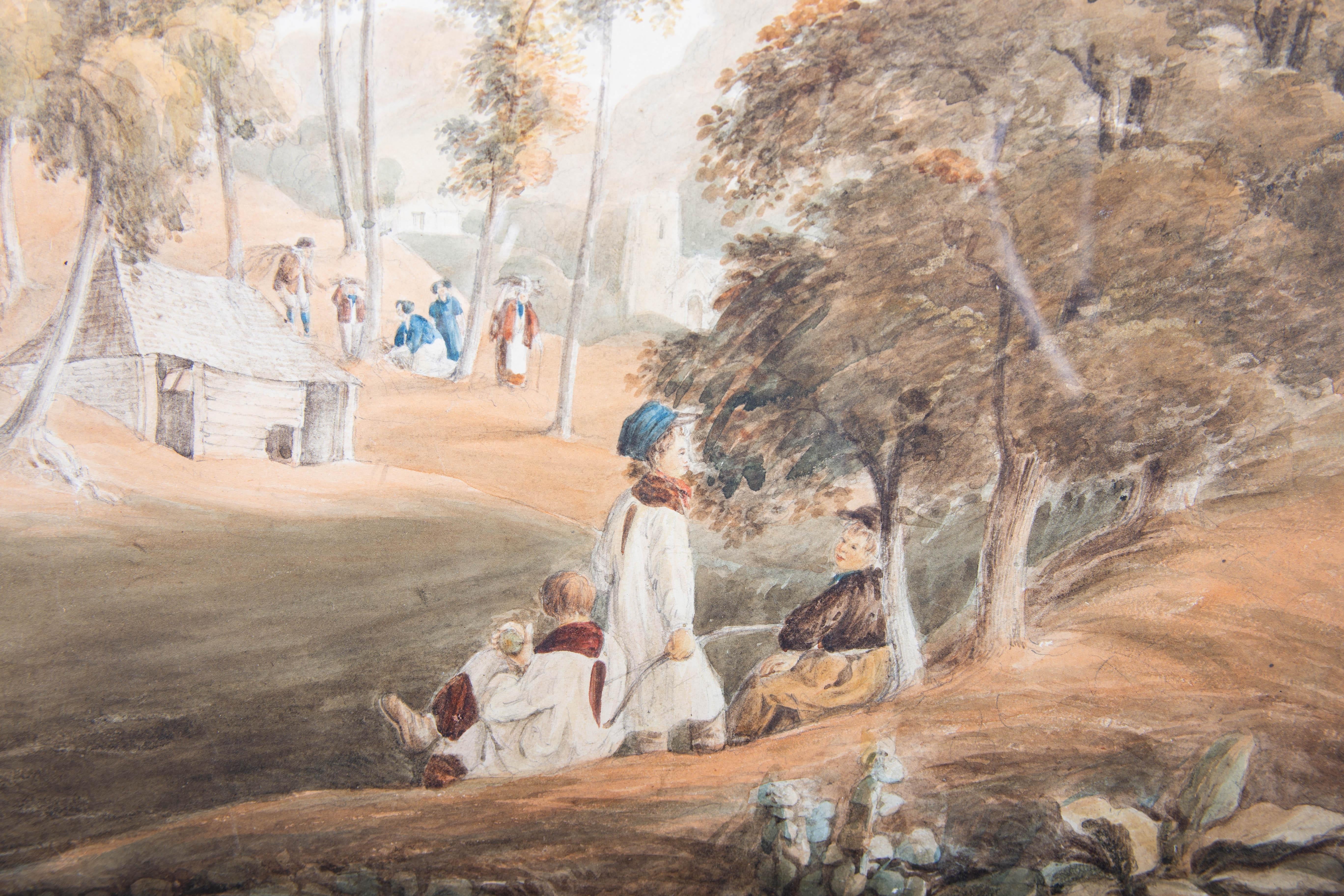 This charming watercolour study depicts a group of young choir boys with bows and arrows resting under a tree. In the distance another group gather sticks before a distant church. Unsigned. Well presented in a gilt frame. On wove.

