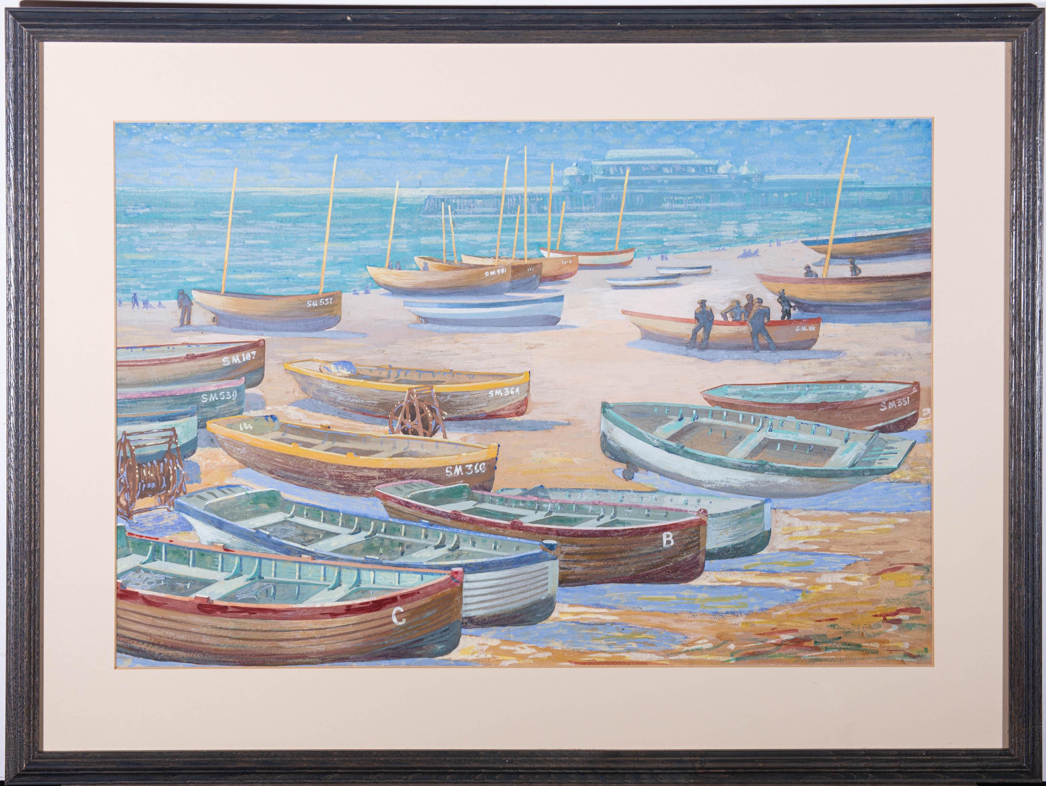 Mitte des 20. Jahrhunderts Gouache - Strandboote