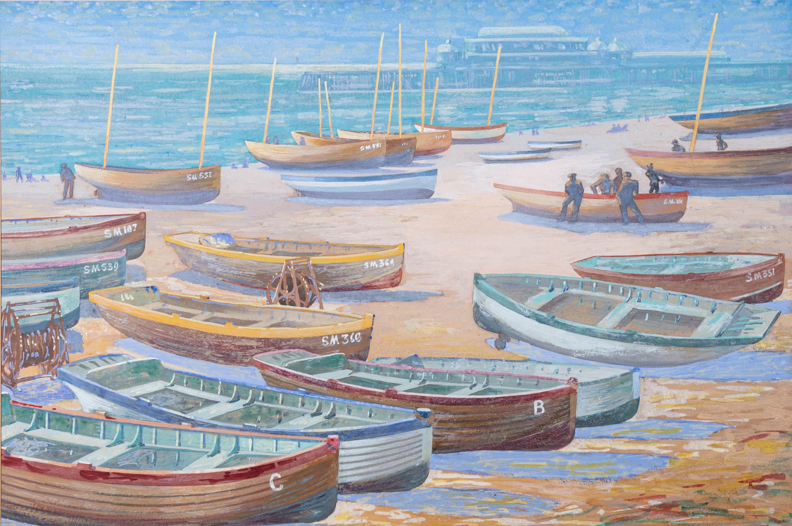 Gouache della metà del XX secolo - Barche spiaggiate - Figurative Art Grigio di Unknown