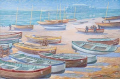 Mitte des 20. Jahrhunderts Gouache - Strandboote