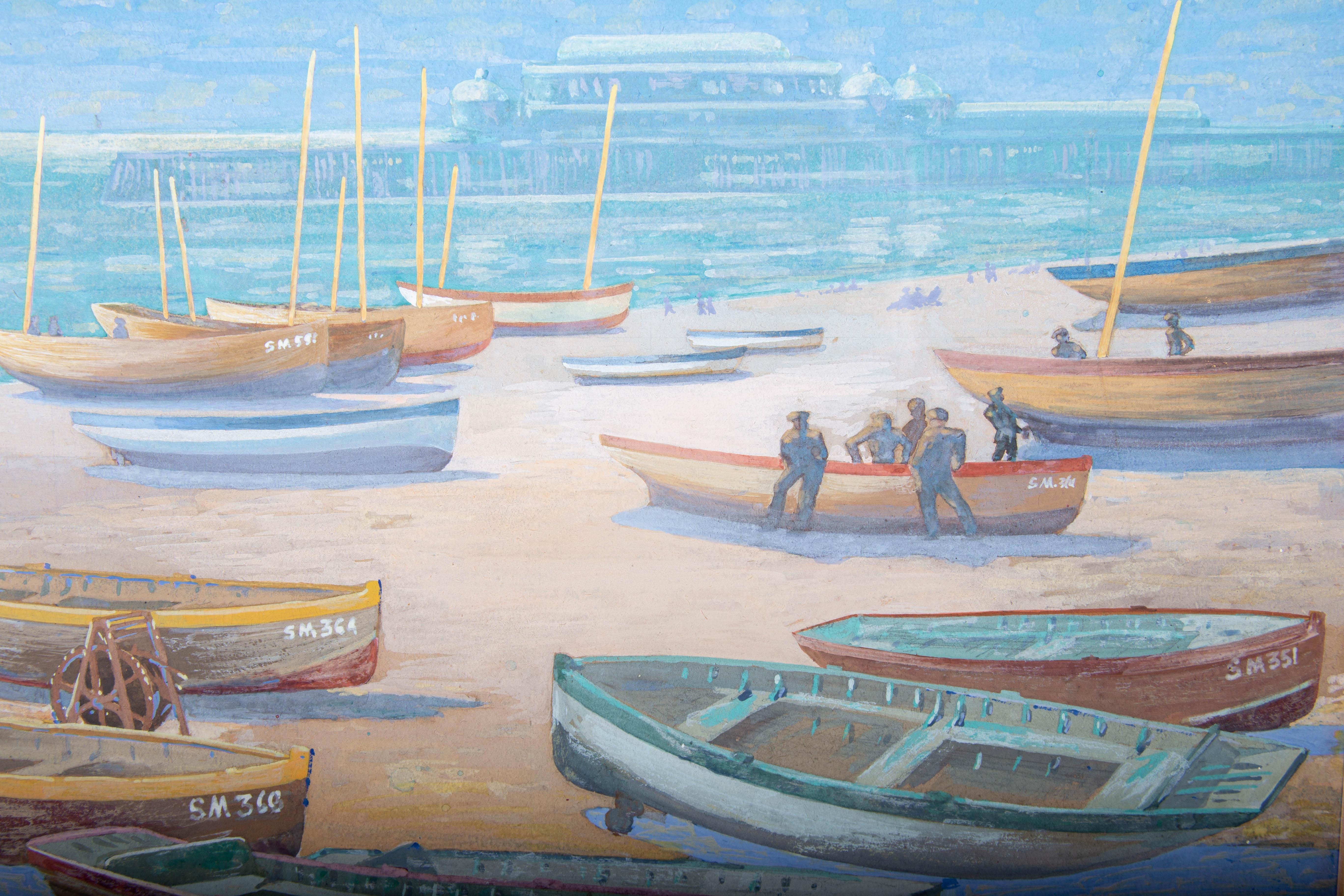 Gouache della metà del XX secolo - Barche spiaggiate in vendita 1