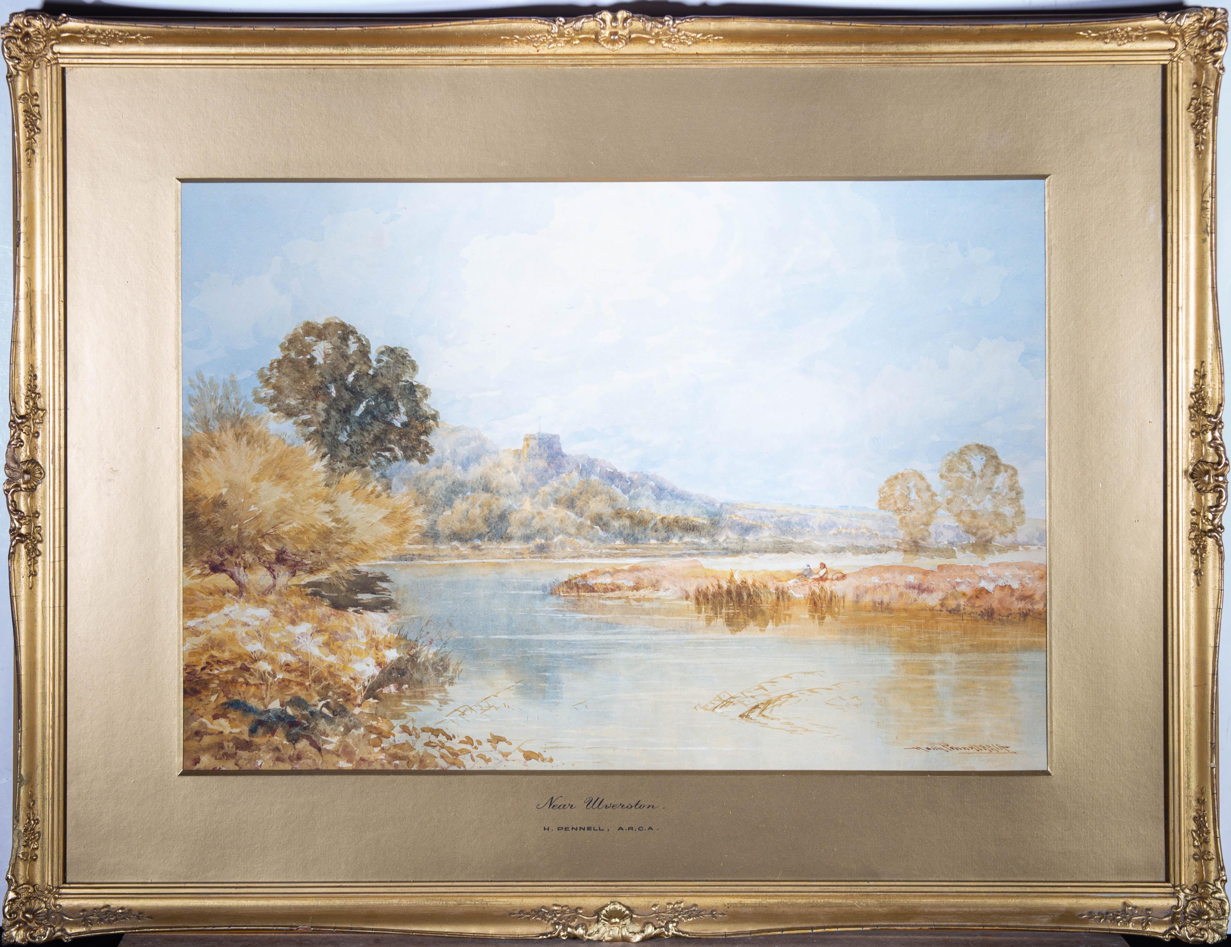A fine watercolour painting by the artist Harry Pennell, depicting a landscape river scene with figures sat on the grass, near the town of Ulverston. Signed to the lower right-hand corner. The artist's name and title are inscribed on the mount.