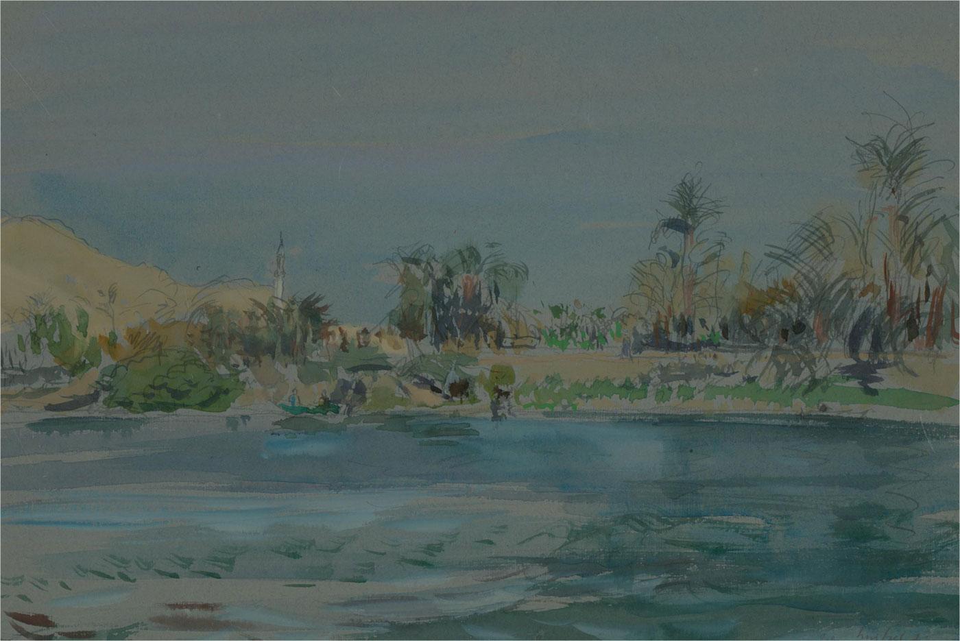 A gestural mid Century landscape showing a stretch of the Nile running through an Egyptian palm grove, visible on the distant bank. The artist has signed to the lower right and the painting has been presented in a brushed silver frame with layered