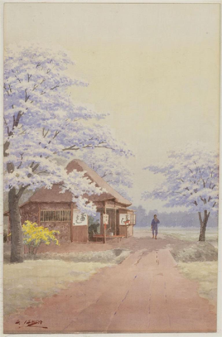 A fine and charming watercolour painting by the Japanese artist Shigesaburo Ishida, depicting a rural scene with figures and blossoming trees. Signed to the lower left-hand corner. On watercolour paper, laid to thin board.

