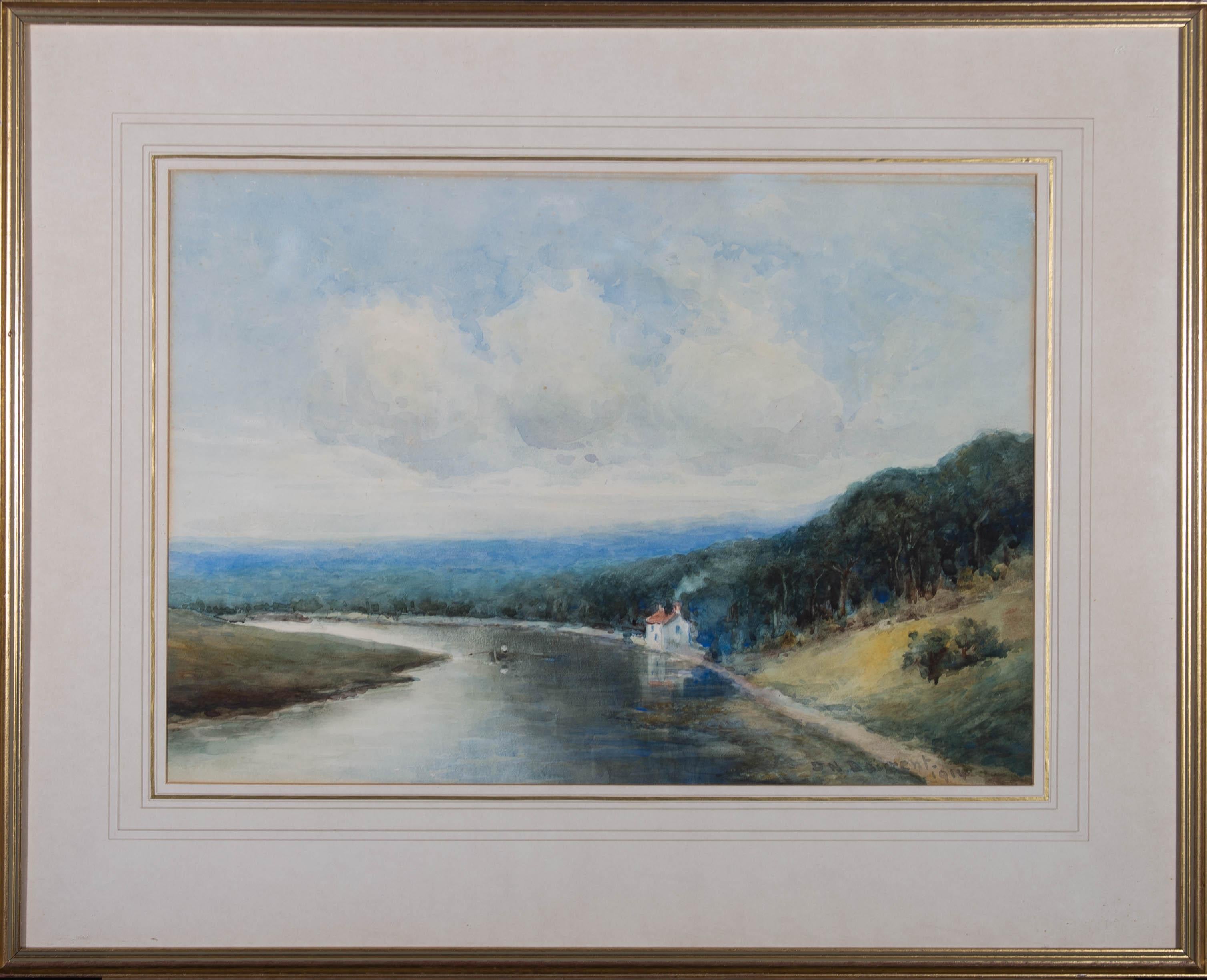 Depicting a rural scene with a row boat making its way down a river with a cottage to the right. Signed and dated to the lower right. On wove.
