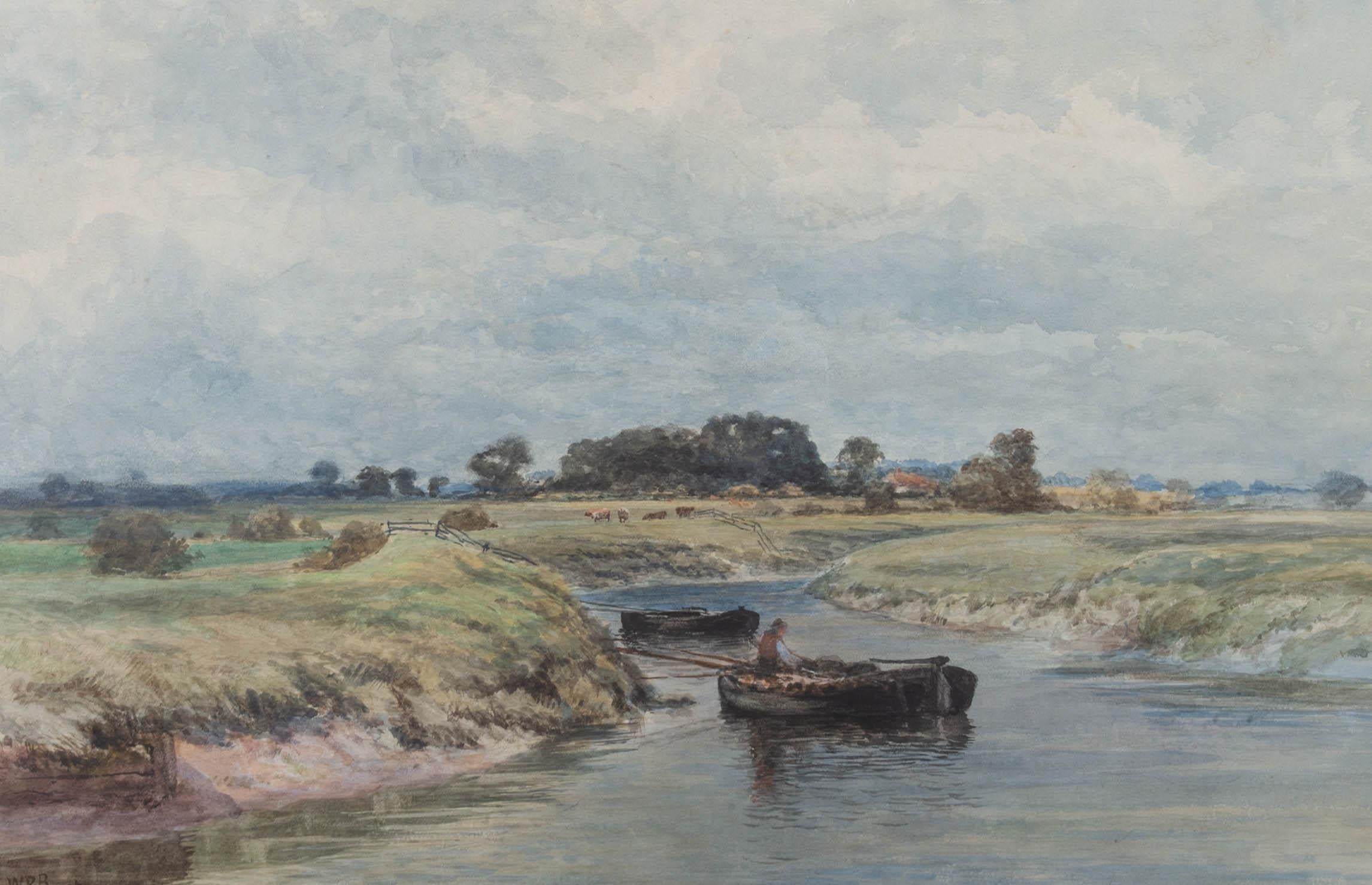 A peaceful landscape on the River Adur near Upper Beeding in West Sussex. Presented in a double wash line mount and a distressed gilt-effect wooden frame. Signed to the lower-left edge. The name and dates of the artist are also printed at the lower