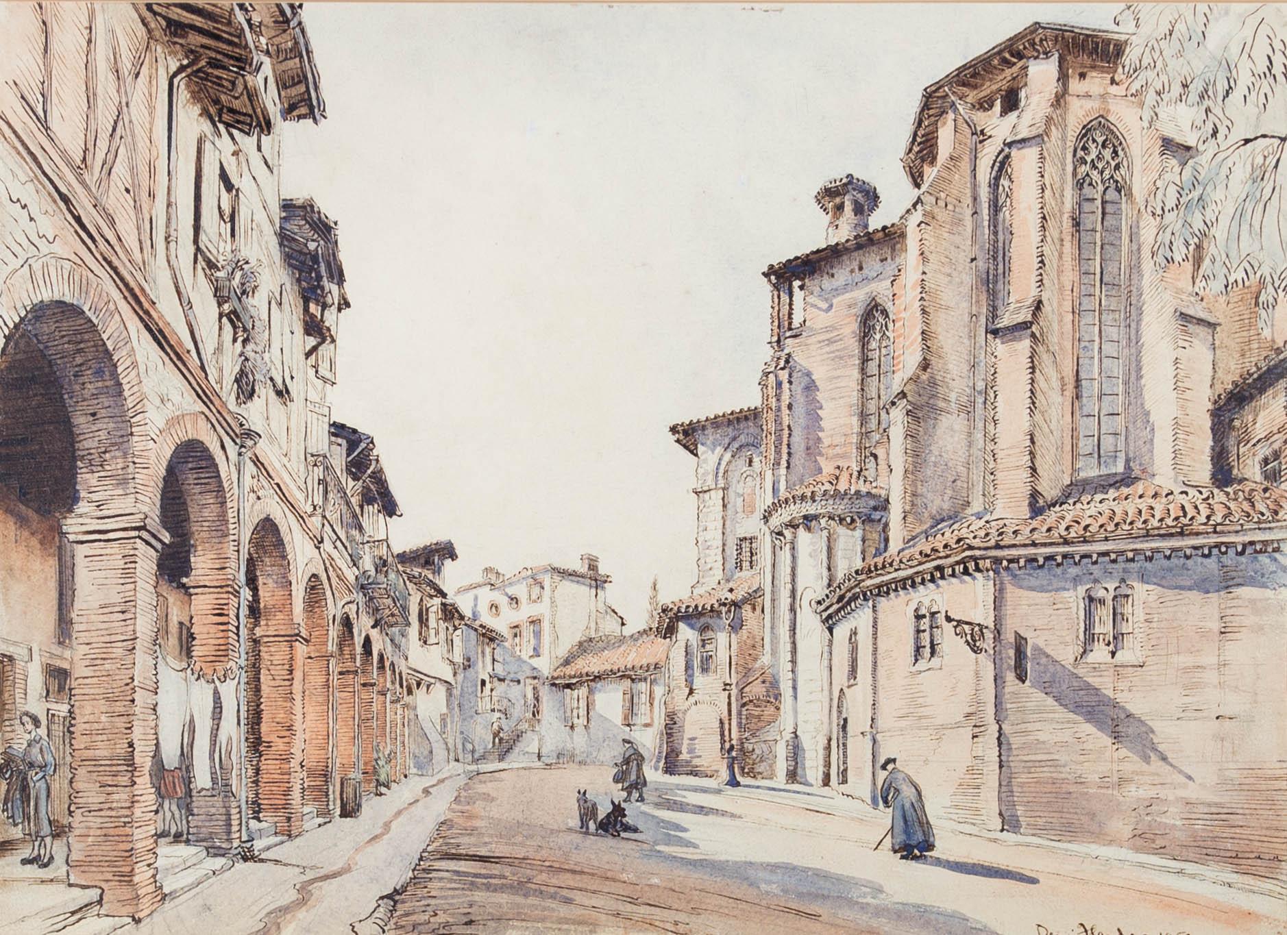 A charming watercolour and ink drawing by Dennis Flanders. This scene captures a quaint courtyard in Languedoc, France using black ink to depict the intricate buildings and figures in the street. Signed and dated to the lower right. On wove.

