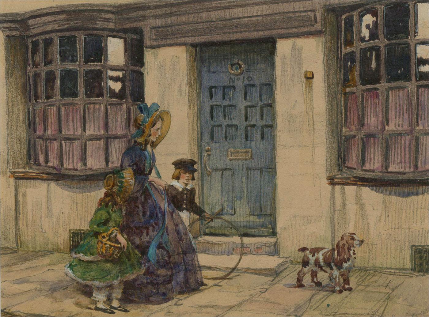 An accomplished watercolour painting with gouache and graphite details by the artist H.W.G. Betteridge, depicting a street scene with three figures and a dog. Signed to the lower right-hand corner. Well-presented in a white card mount and in a