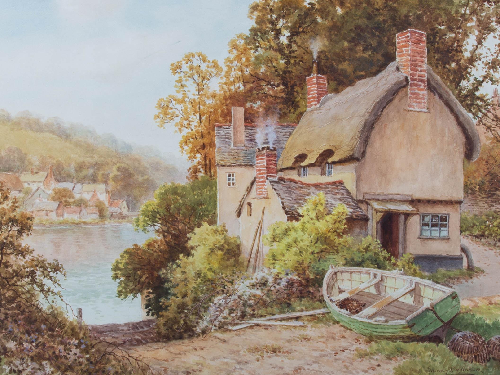 A fine and accomplished watercolour painting with gouache details by the artist Sidney P. Winder. The scene depicts a rural view with a cottage by a lake. Signed to the lower right-hand corner. Well-presented in a double card mount and in a