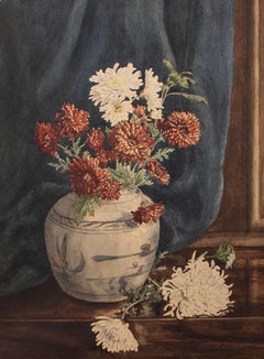 Helena A. Wright - Early 20thC Watercolour, Chrysanthemums In Blue And White Urn