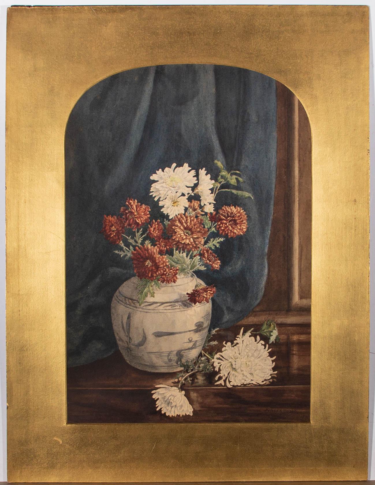 Helena A. Wright - Aquarelle du début du 20e siècle, chrysanthèmes en bleu et blanc - Urne en vente 2