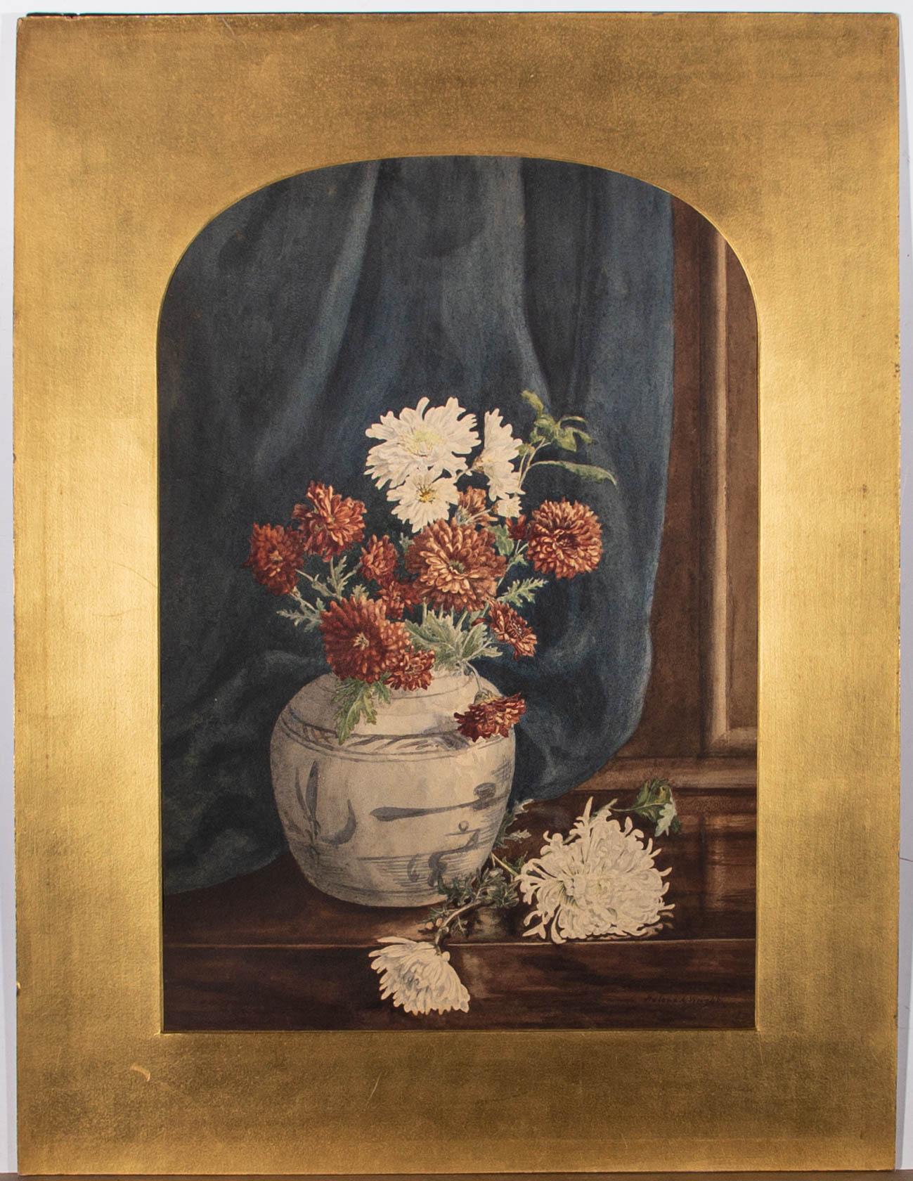 Helena A. Wright - Early 20thC Watercolour, Chrysanthemums In Blue And White Urn For Sale 1