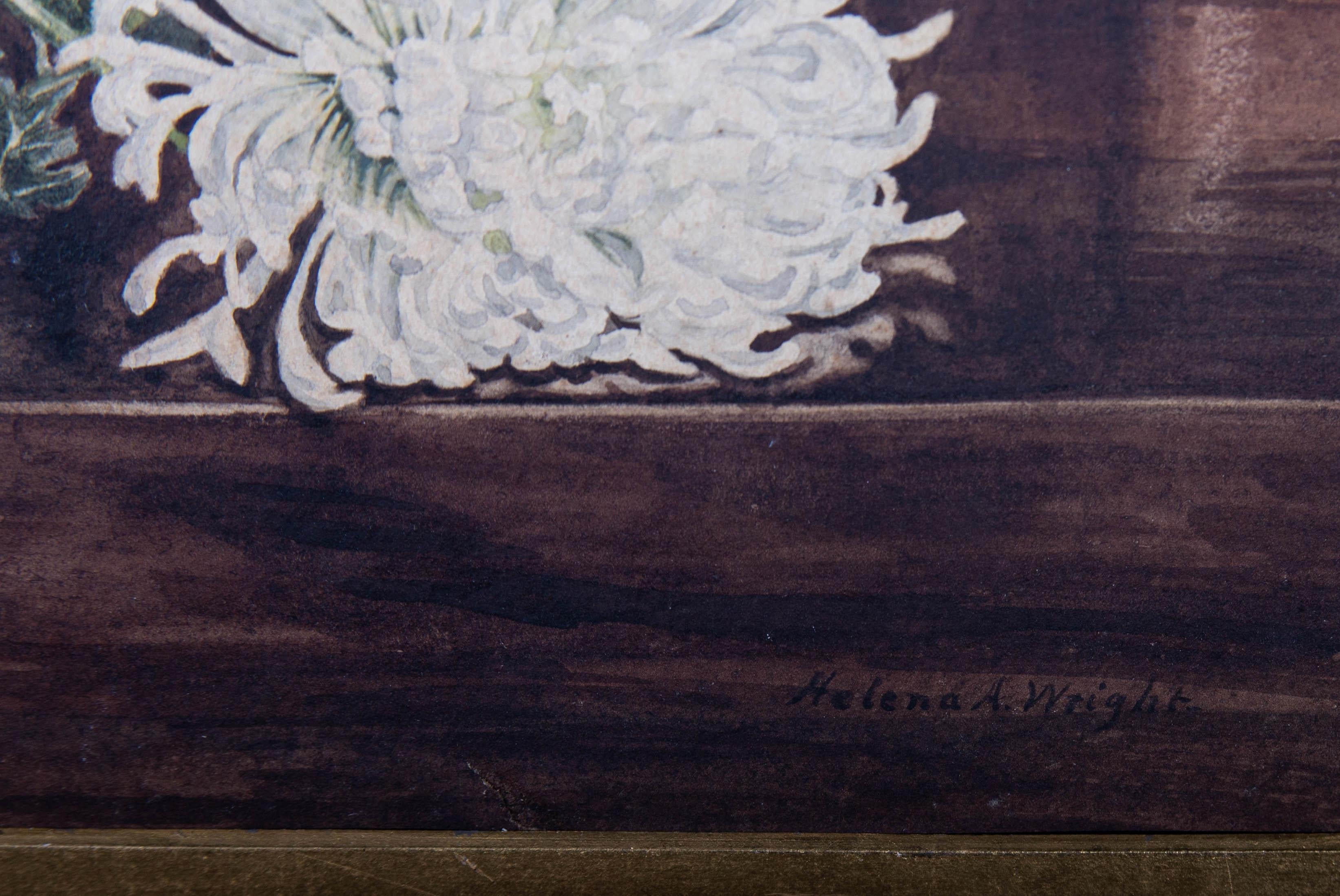 Helena A. Wright - Early 20thC Watercolour, Chrysanthemums In Blue And White Urn For Sale 2