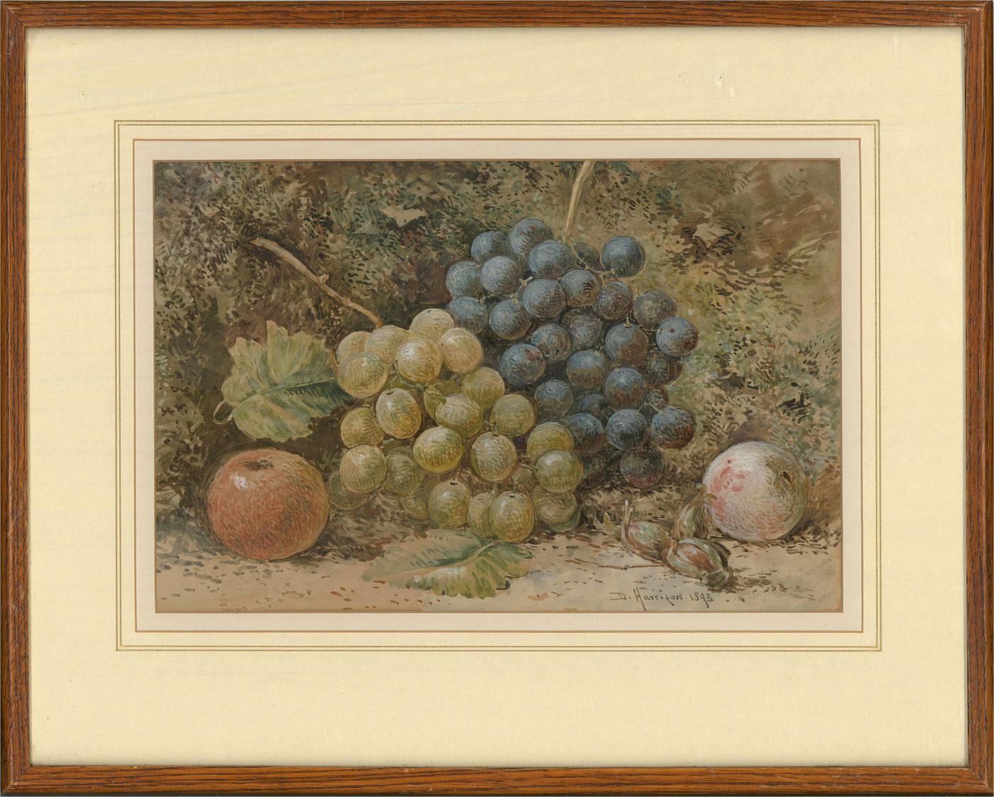 A delicate and detailed late 19th Century watercolour still life showing an autumnal selection of fruits and nuts. The artist has used an unusual visible brush stroke to create form and texture in the painting. The artist has signed and dated to the