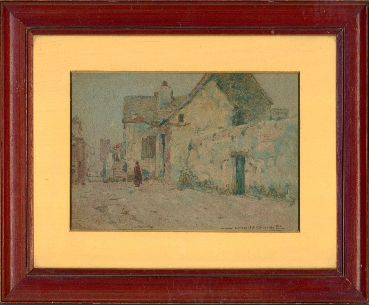 A charming watercolour painting by the artist Oswald Garside, depicting a village street scene with figures. Signed to the lower right-hand corner. Presented in a gold card mount and in a wooden frame, as shown. On watercolour paper.
