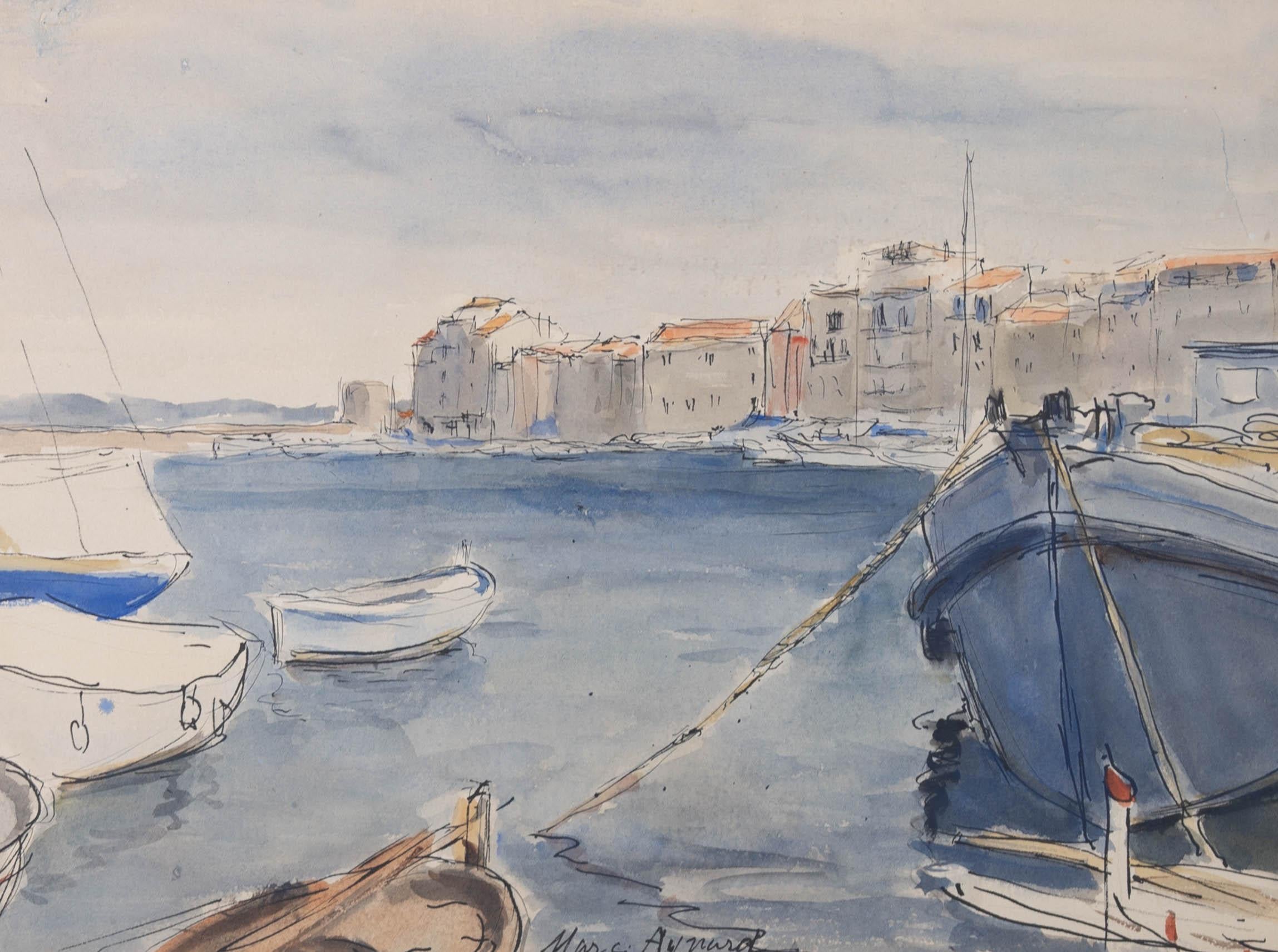 An attractive watercolour painting with pen and ink by the artist Marc Aynard, depicting a French harbour scene with boats. Signed to the lower margin. Presented in a triple card mount and in a distressed, gilt-effect frame. On wove.
