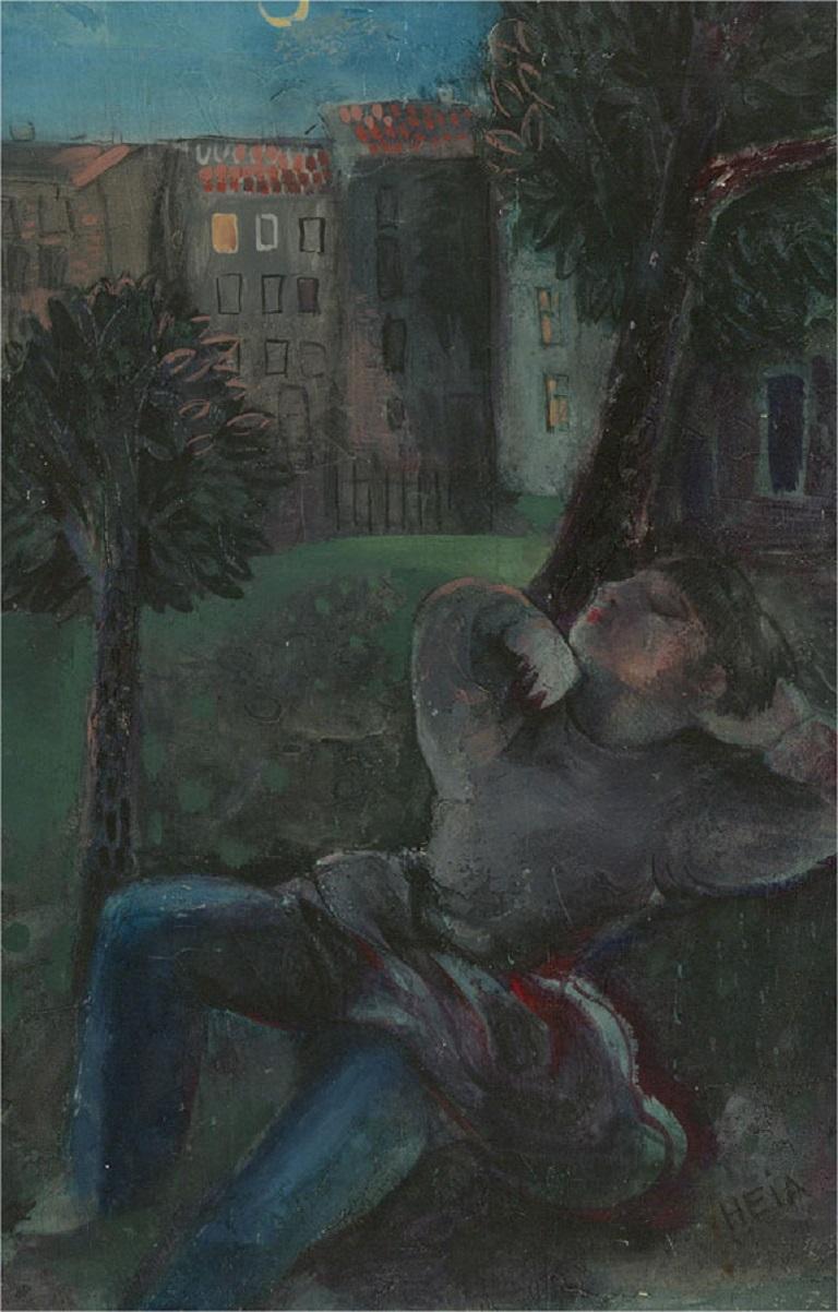 An unusual scene with mystical narrative, showing a figure resting in a grassy park by trees, under a bright, moonlit sky. Rows of charmingly naive houses are seen beyond the trees. The artist has signed to the lower right. The painting is on a