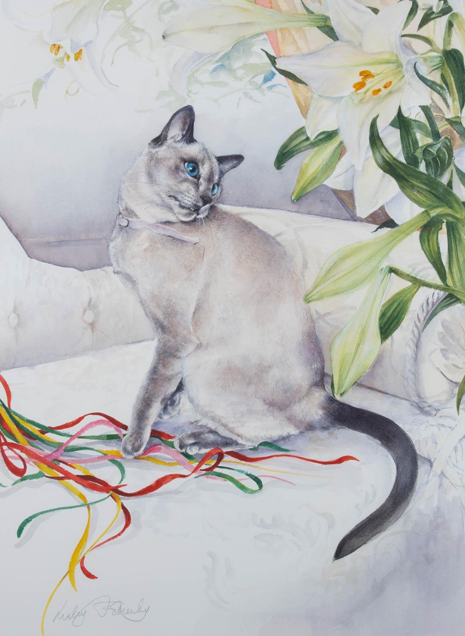 An attractive watercolour painting with gouache details by the British artist Lesley Fotherby, depicting an interior scene with a cat named 'Fifi' playing on a white sofa. Signed to the lower left-hand corner. Well-presented in a washline card mount