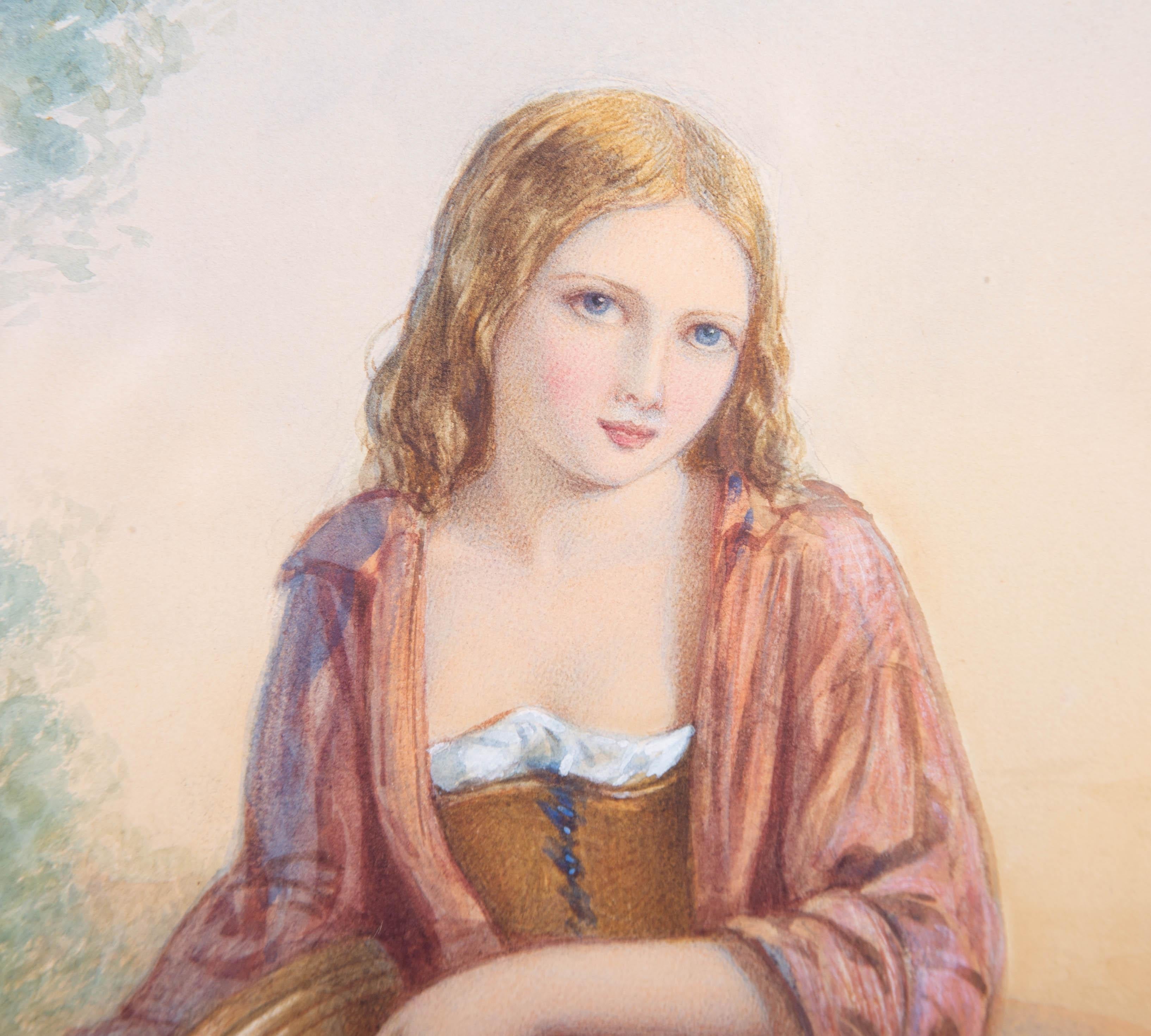 Mid 19th Century Watercolour - Country Beauty - Beige Portrait by Unknown