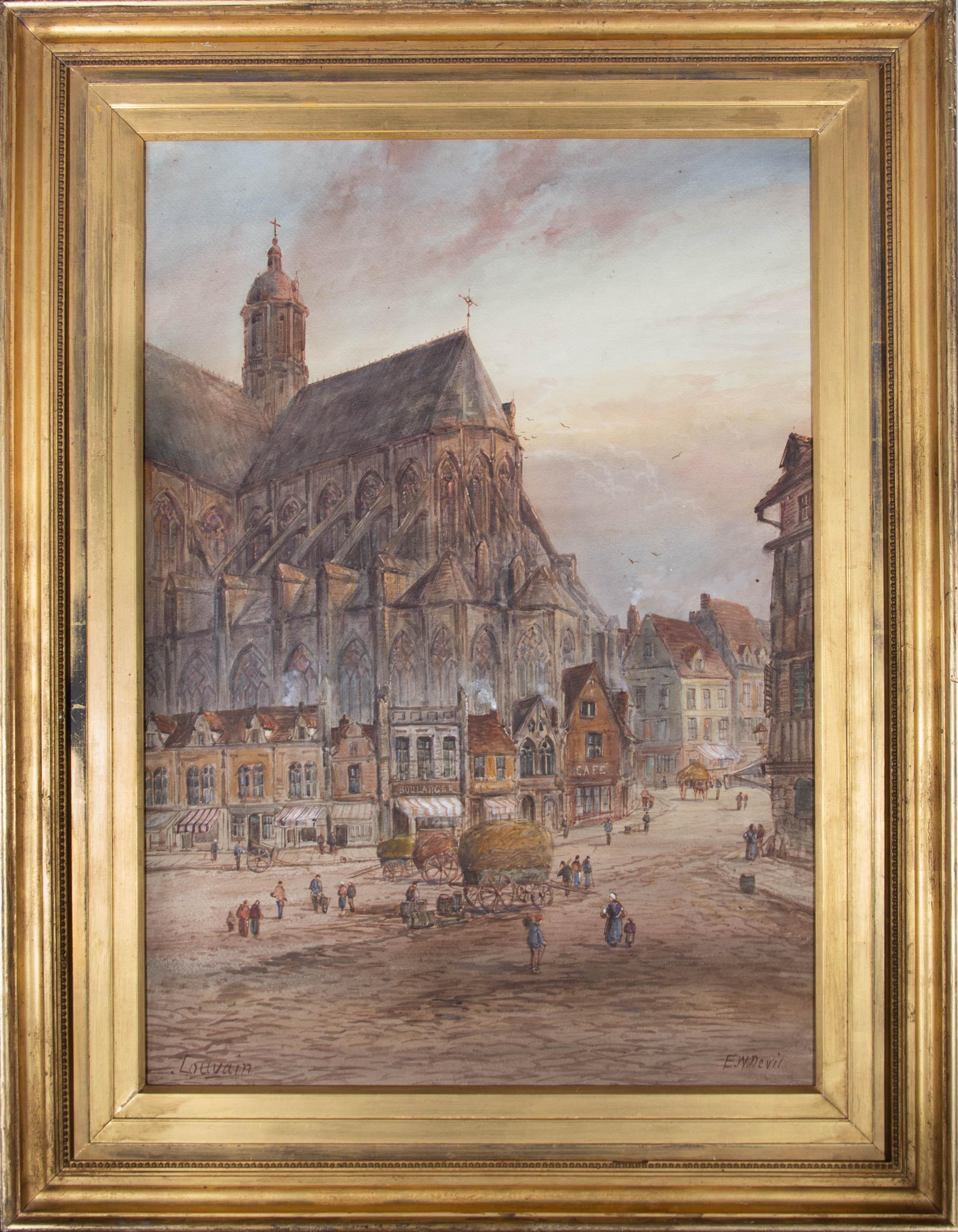 Eine belebte Straßenszene vor der St.-Peter-Kirche in Leuven, Belgien, einer römisch-katholischen Kirche, die im 15. Jahrhundert im Stil der Brabantinischen Gotik erbaut wurde. Präsentiert in einem großen, vergoldeten Rahmen und in einer Hülle. Am