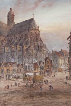 Edward Nevil (fl.1880-1900) - Aquarelle, église St Peter's, Leuven, Belgique