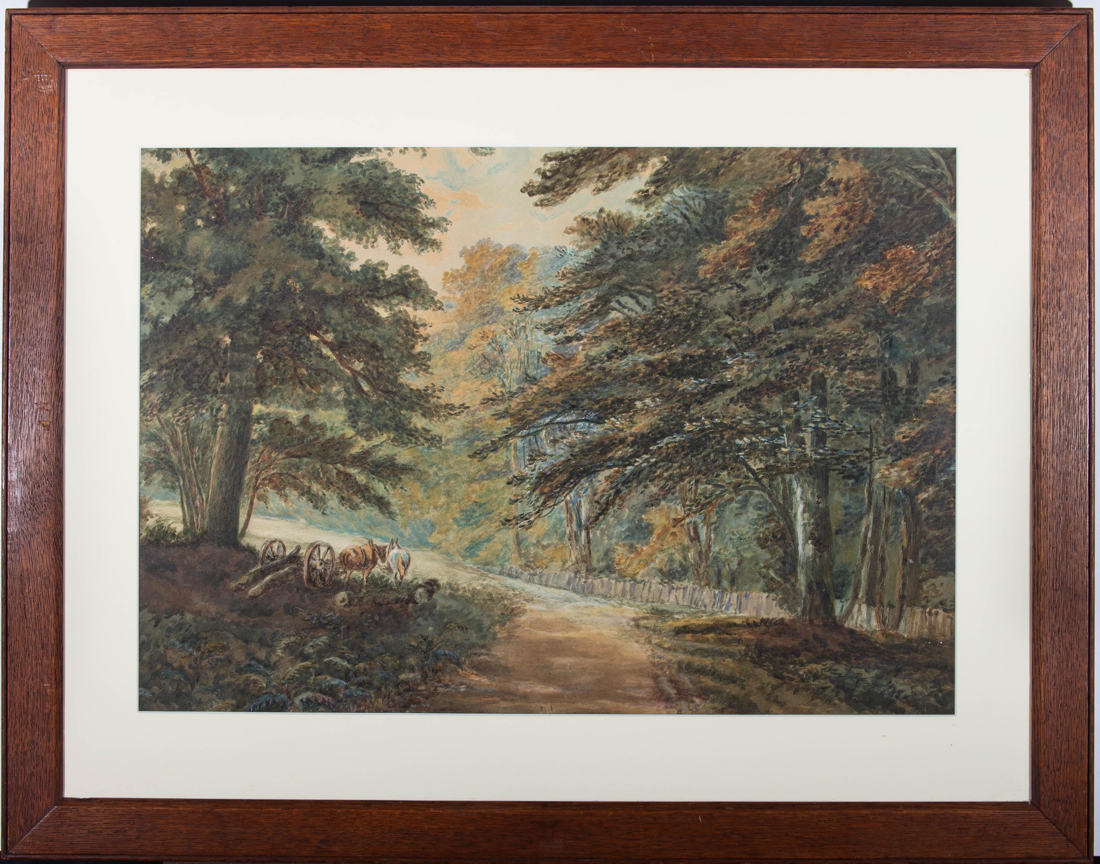 Unknown Landscape Art - 19th Century Watercolour - Logging Horses