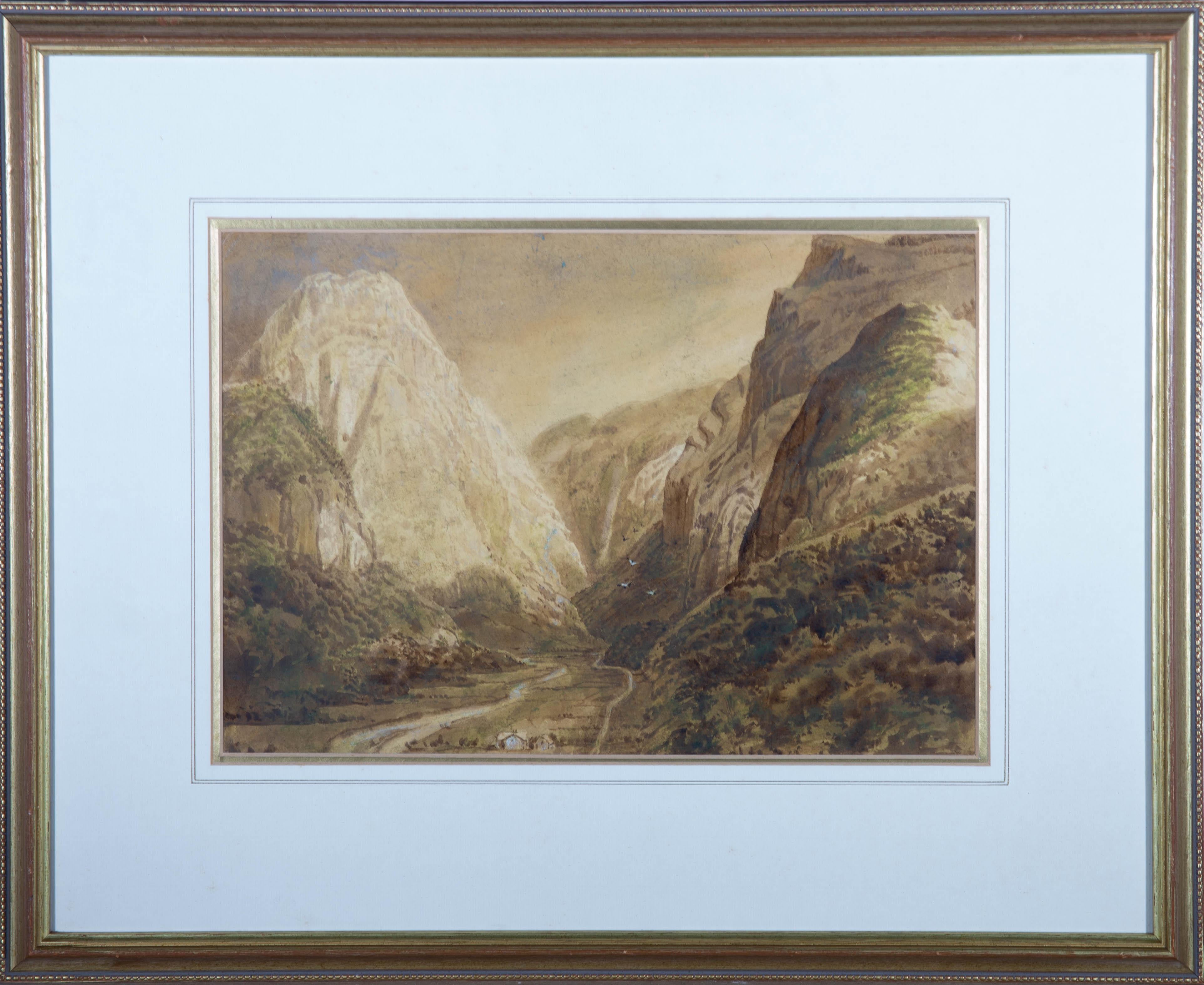 Unknown Landscape Art – Aquarell-Aquarell des späten 19. Jahrhunderts - Berglandschaft