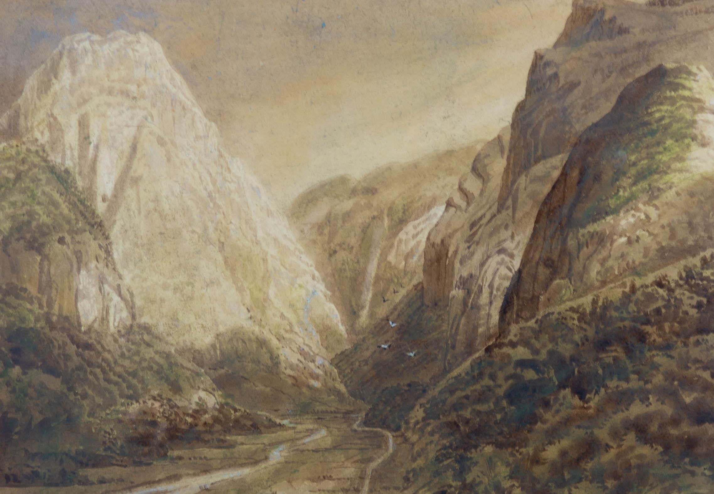 Aquarell-Aquarell des späten 19. Jahrhunderts - Berglandschaft (Grau), Landscape Art, von Unknown