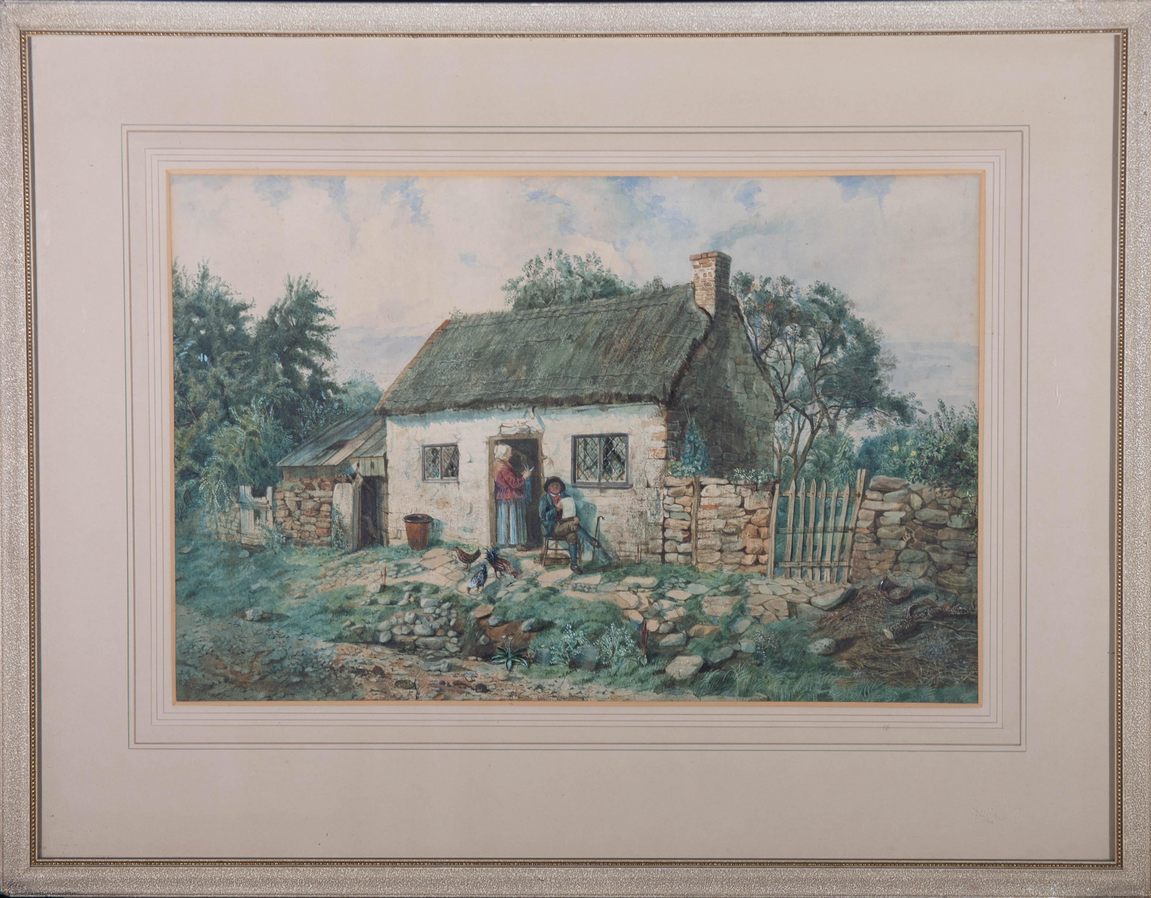 A very fine and detailed watercolour painting with gouache details, depicting a rural landscape scene with a cottage, two figures and chickens nearby. Signed to the lower left-hand corner. Presented in washline card mount and in an off-white frame