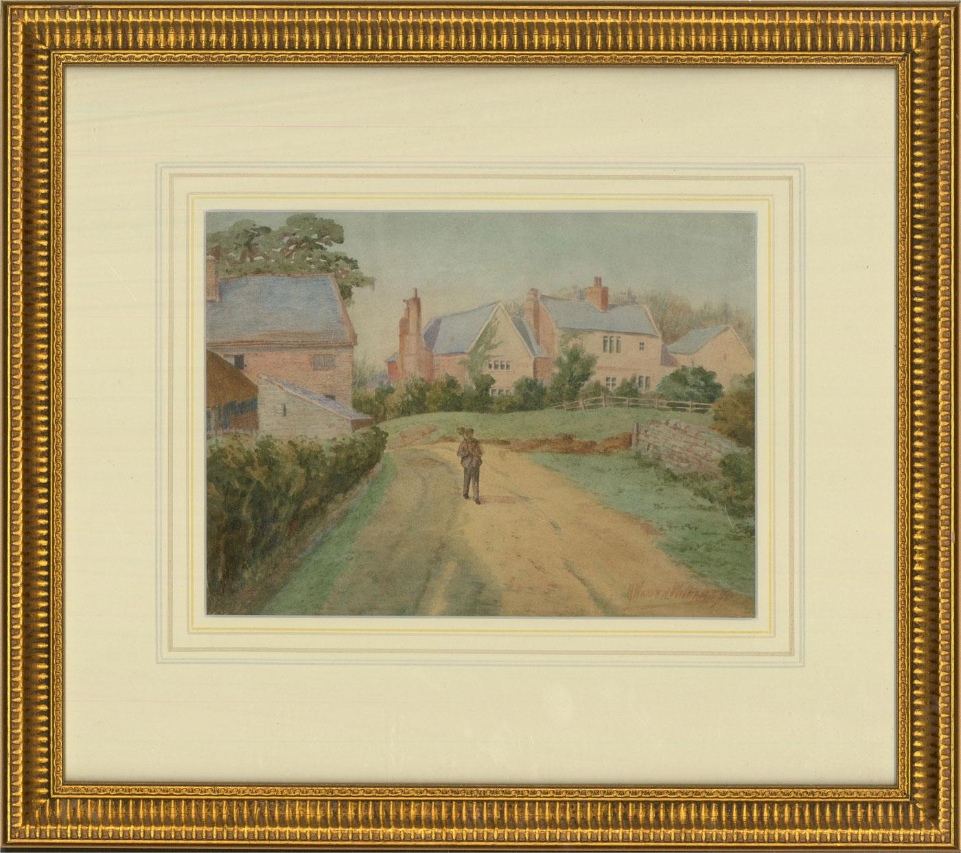 Ein charmantes Aquarell von H. Warren Williams, das ein ländliches Dorf mit einer Figur zeigt, die einen Feldweg entlanggeht. Signiert und datiert in der rechten unteren Ecke. Gut präsentiert in einer Waschlinie Karte montieren und in einem