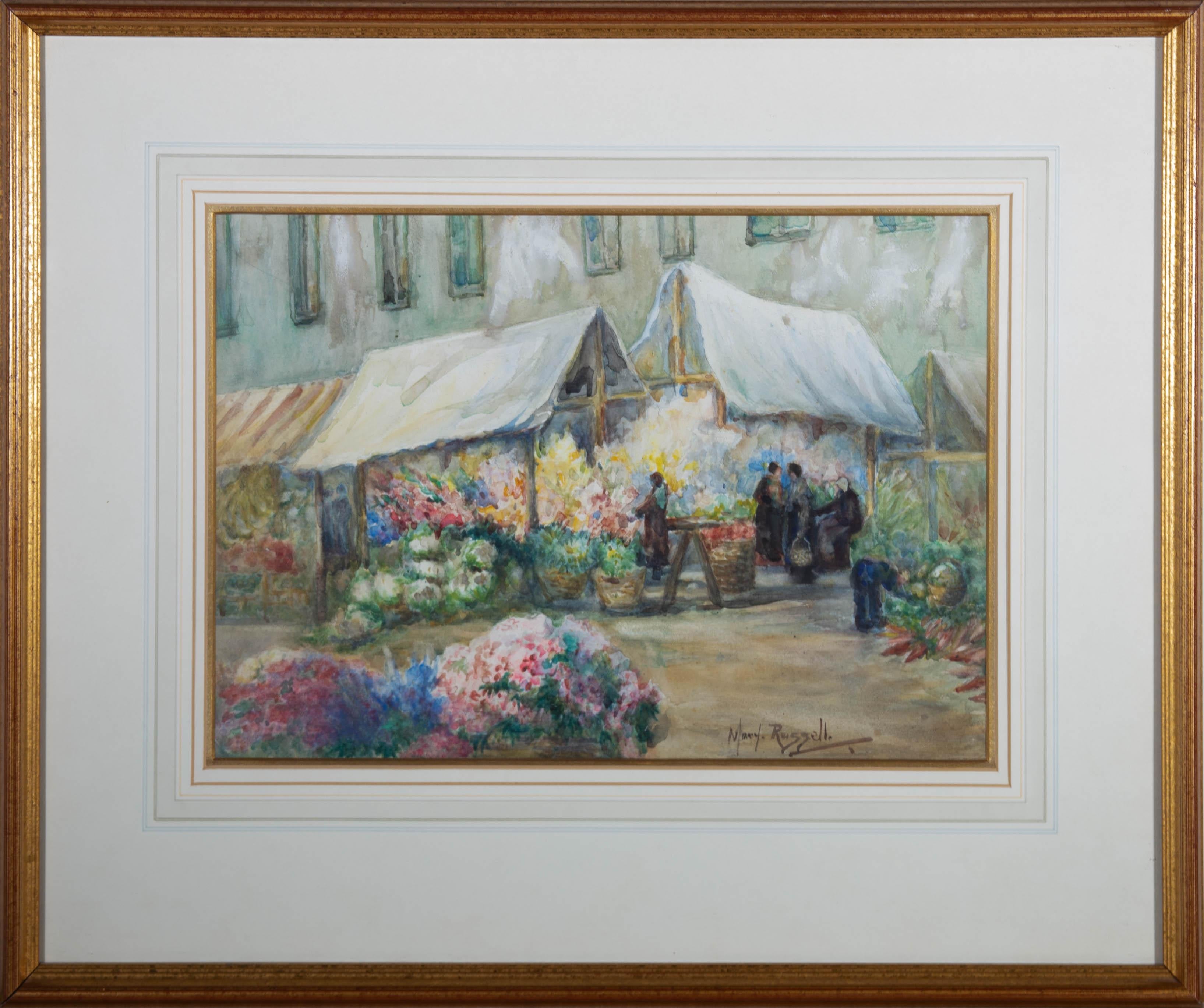 This charming watercolour scene depicts a vibrant flower market in Dieppe, France. Figures with large baskets browse the selection of bright flowers on the narrow French Street. Painted in an impressionist style with soft watercolour hues. Label
