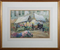 Antique Mary Russell - 1890 Watercolour, Flower Market in Old Dieppe