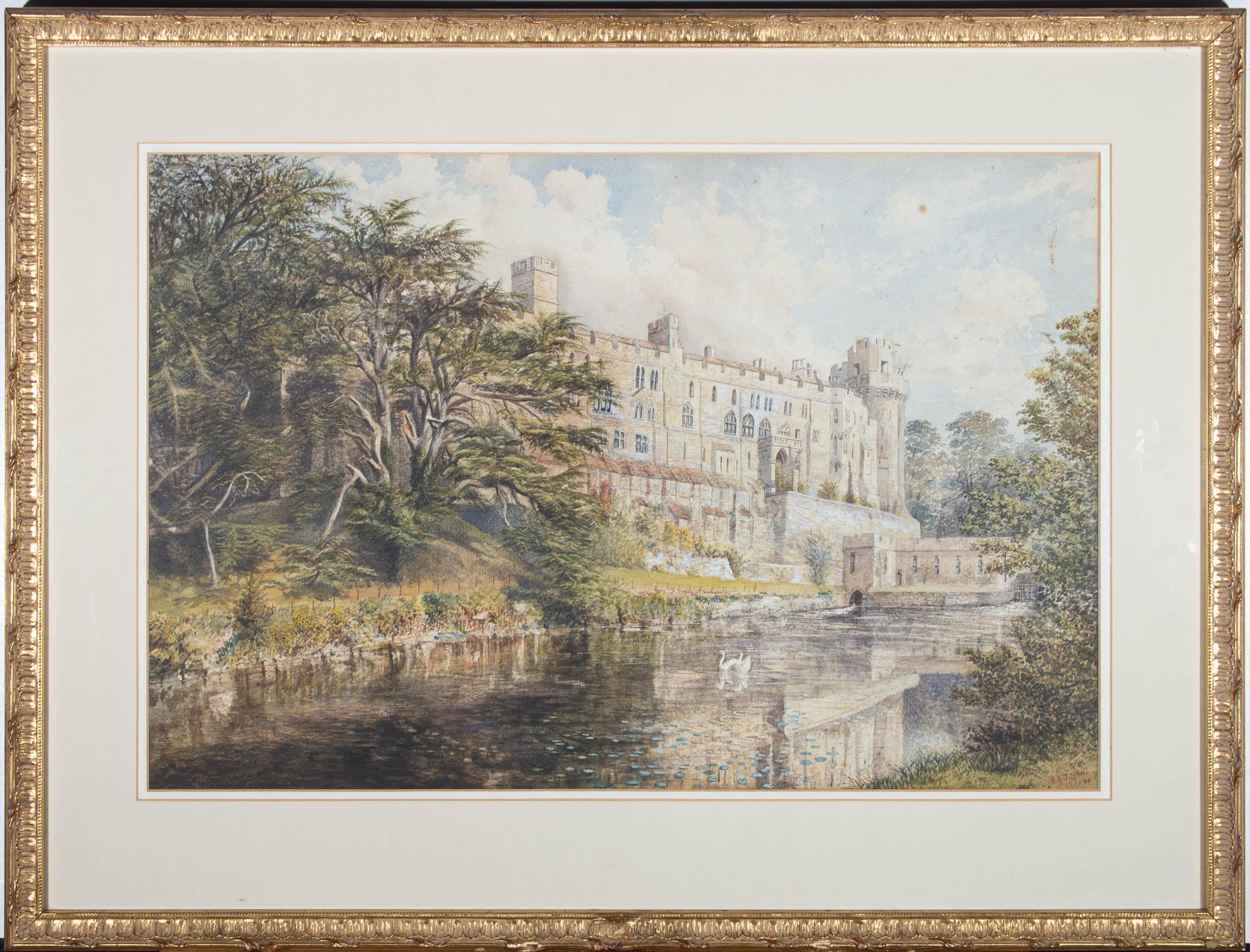 A striking architectural view of Warwick castle from the river. The scene is set on an idyllic Summer's day with swans swimming on the glassy water, surrounded by lily pads, under a blue sky with fluffy white clouds. The artist has signed and dated