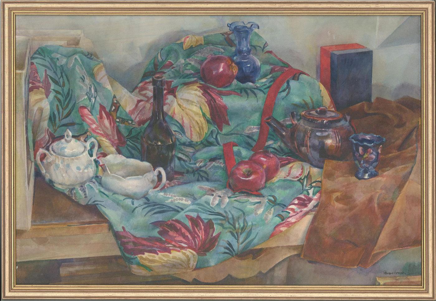 This intricate still life depicts apples, bottles and china places on a decorative, bright cloth. Signed to the lower right. Well presented in a part-gilt, glazed frame.
