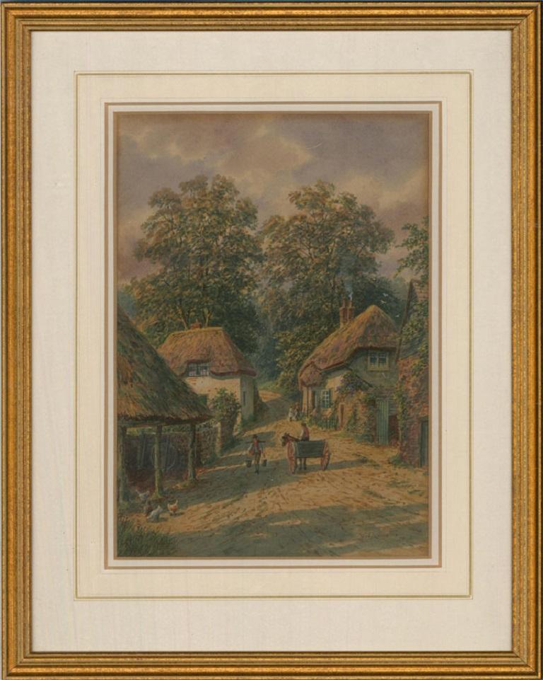 A view along a rustic village street with a forge at the left of the composition and chickens, figures, and a pony a trap in the foreground. Presented in a washline double mount and a distressed gilt-effect wooden frame. Signed and dated to the