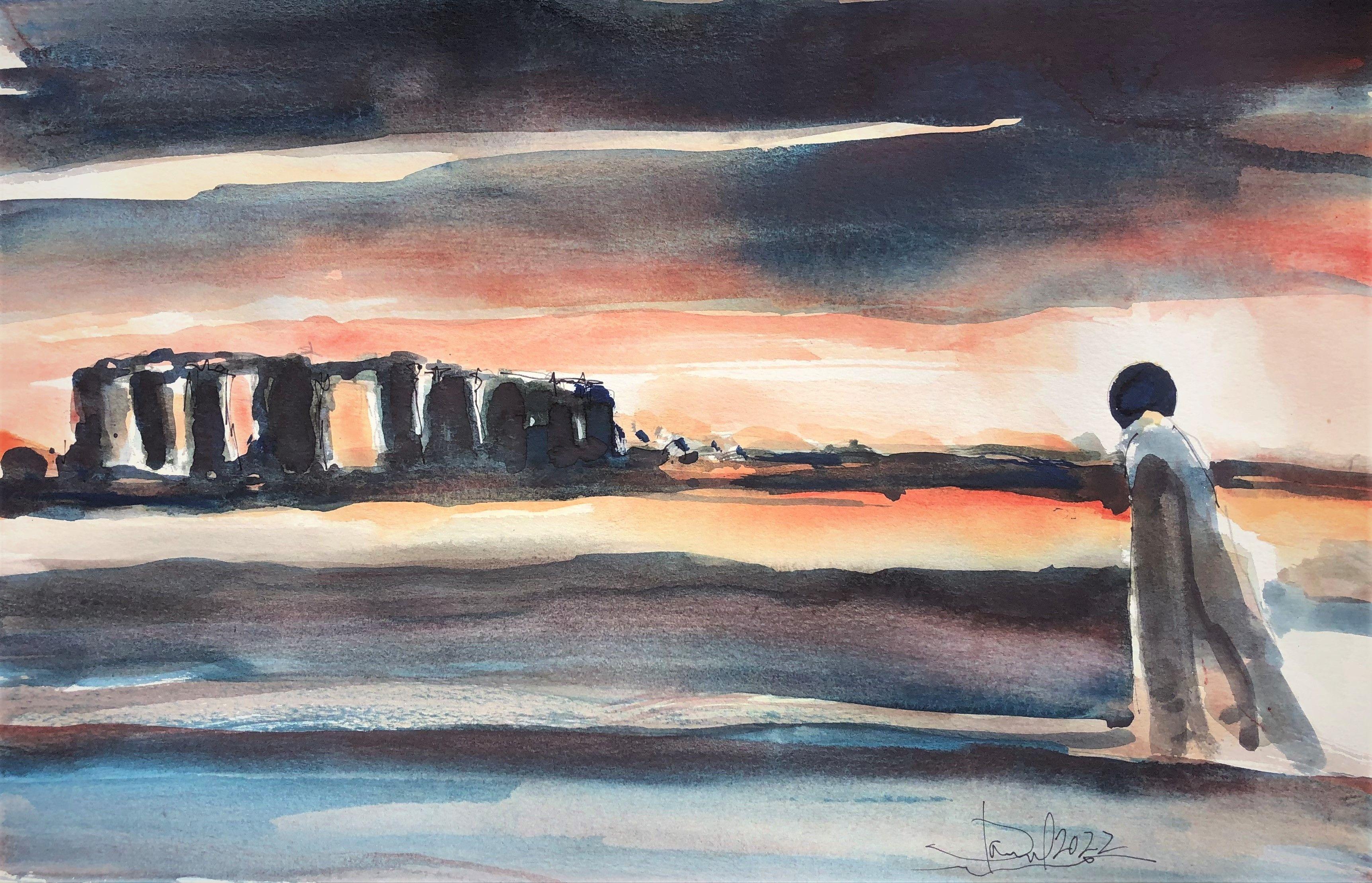 Stonehenge eclipse, Painting, Watercolor on Watercolor Paper - Art by Daniel Clarke