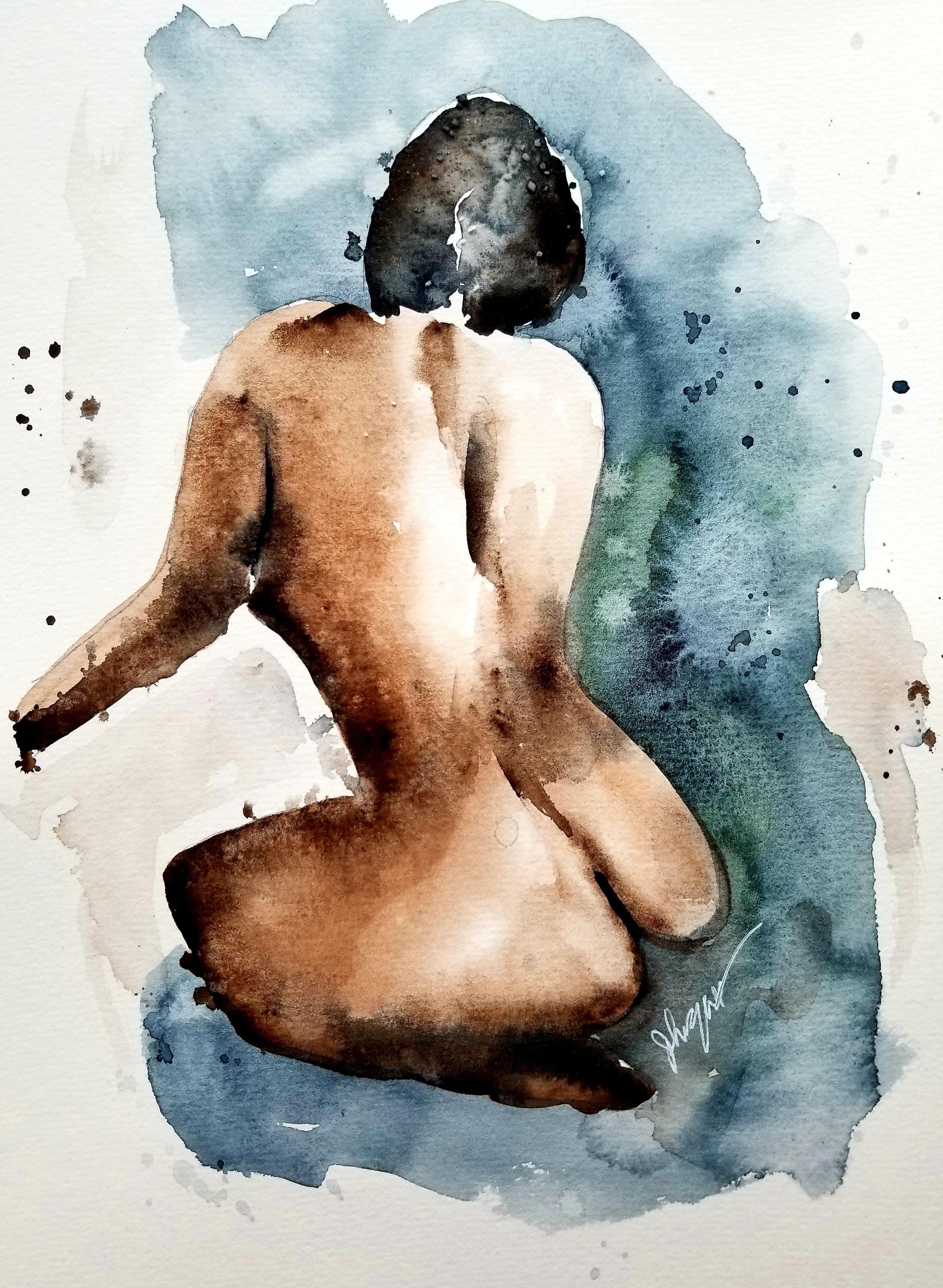 Nude Frau, Gemälde, Aquarell auf Aquarellpapier – Art von Jim Lagasse