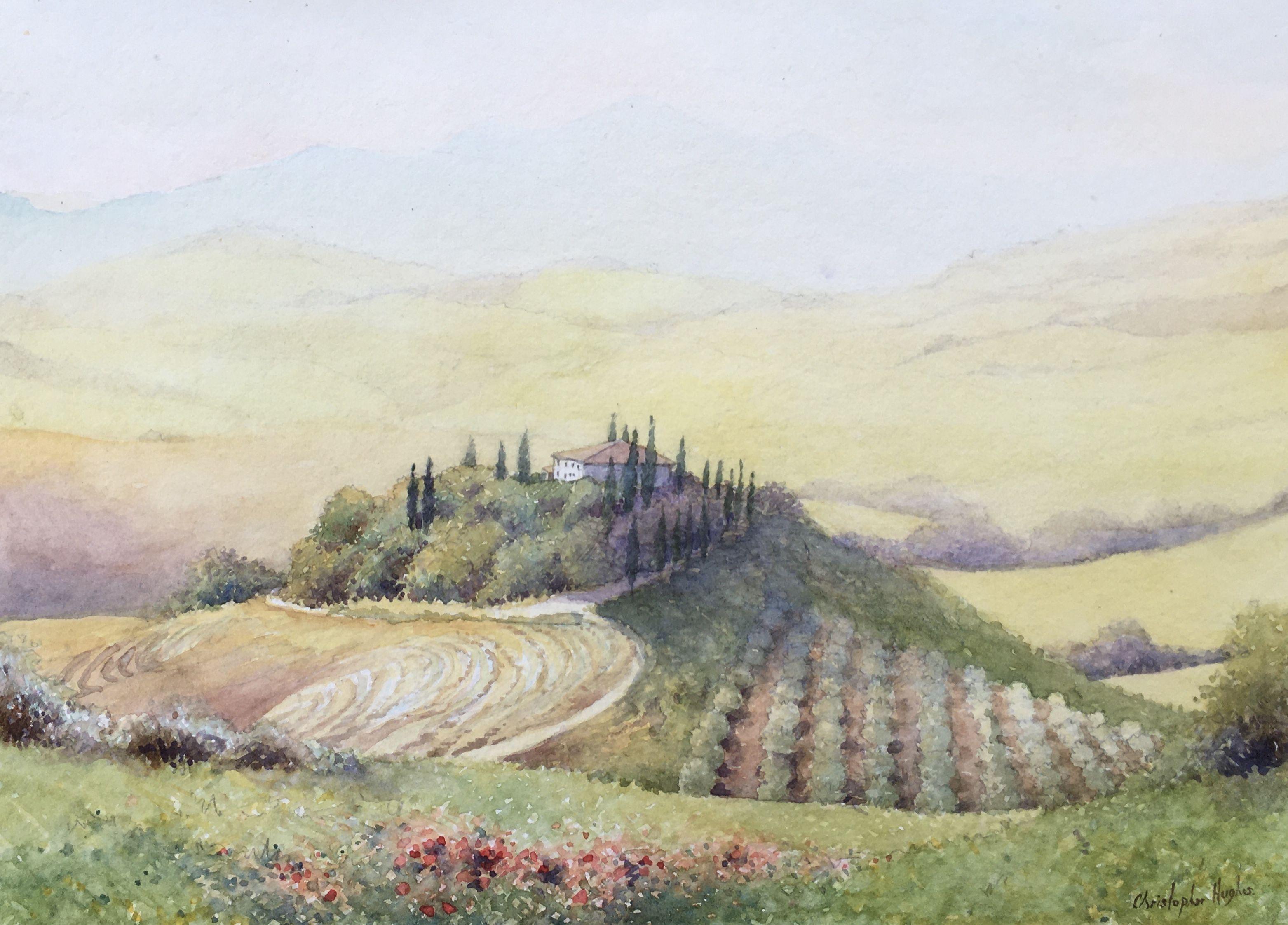 Tuscan Landscape. Orcia Valley. Tuscany, Painting, Watercolor on Watercolor - Art by Christopher Hughes