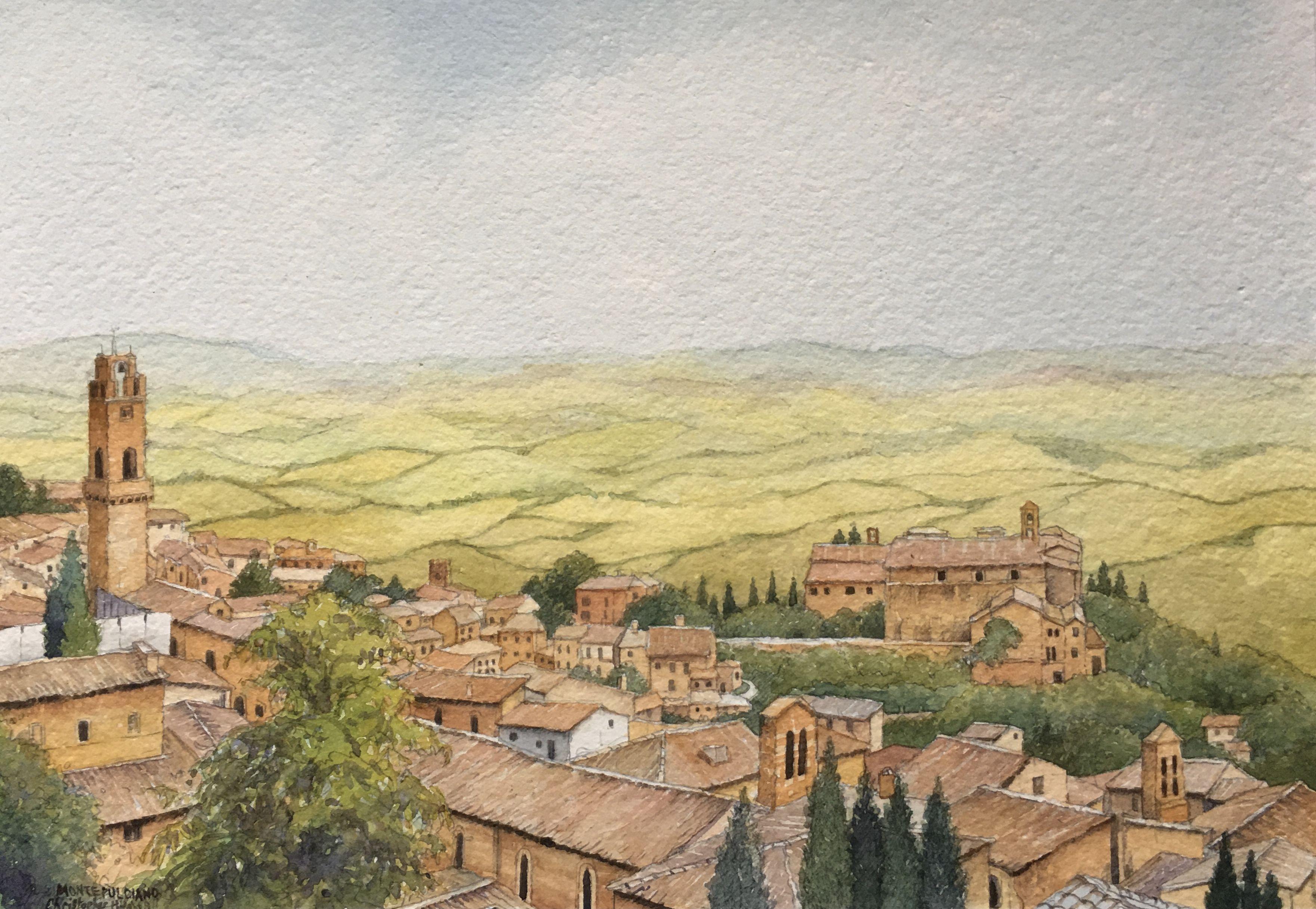 Montepulciano.Toscana.Italia, Pittura, Acquerello su carta acquerellata - Art di Christopher Hughes