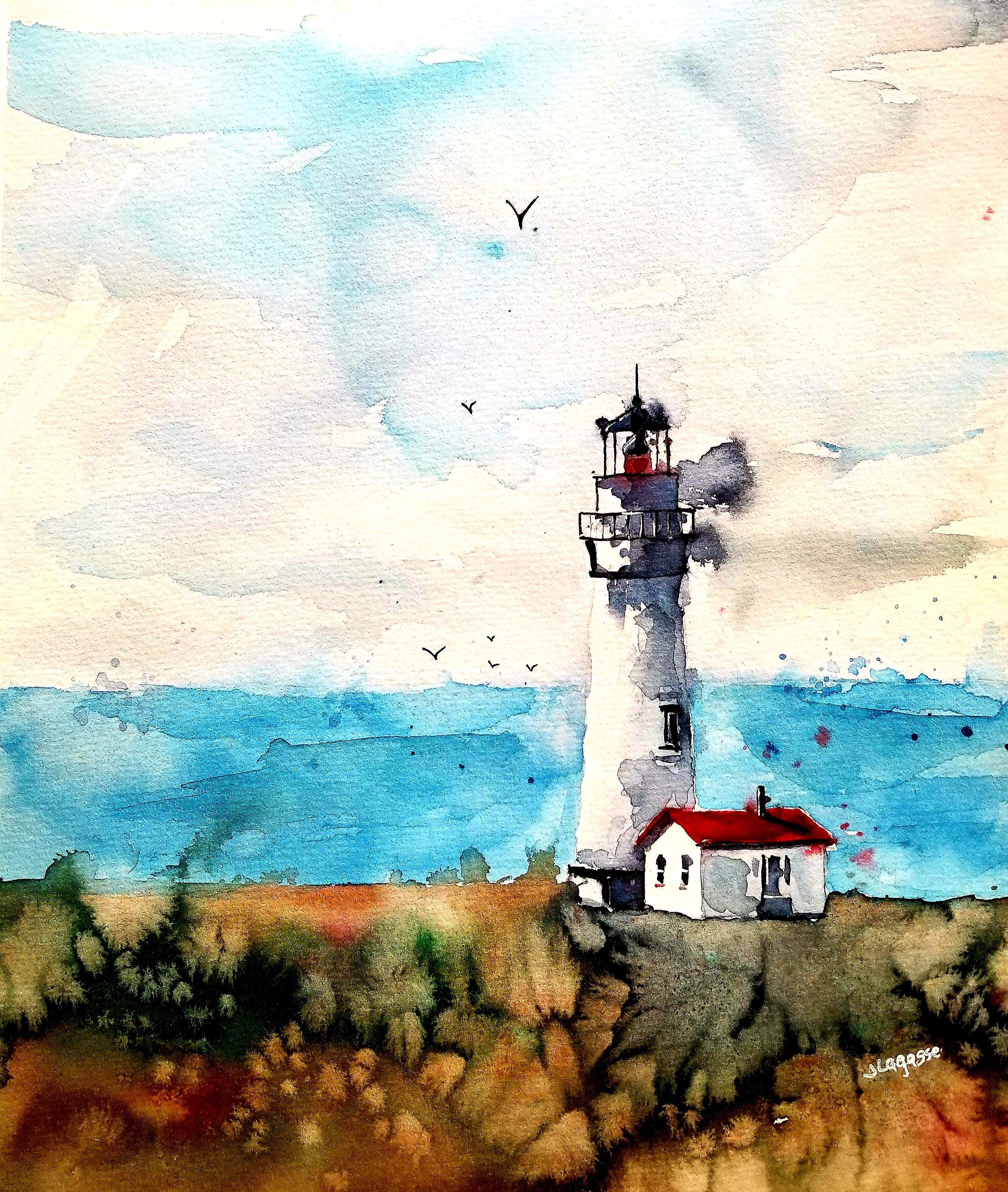 Maine Lighthouse, Painting, Watercolor on Watercolor Paper - Art by Jim Lagasse