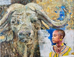 Peinture technique mixte Ox de Noland Anderson représentant une femme noire et une faune sauvage, feuille d'or