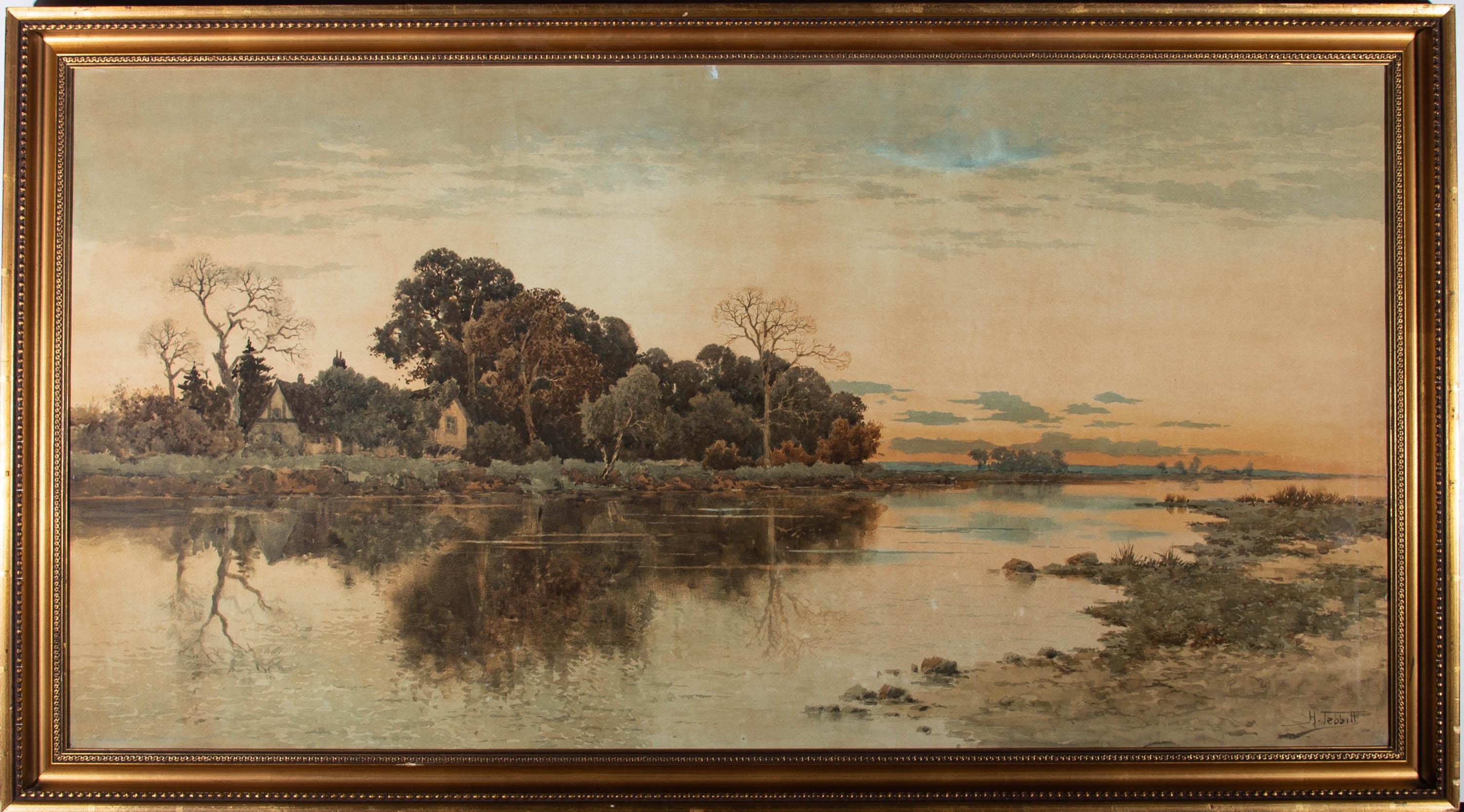 An impressively sized Edwardian watercolour landscape showing the panoramic view of a river meandering into the distance under a blushing sunset, reflected in the softly rippling water. There is a house nestled in a copse of trees to the left,